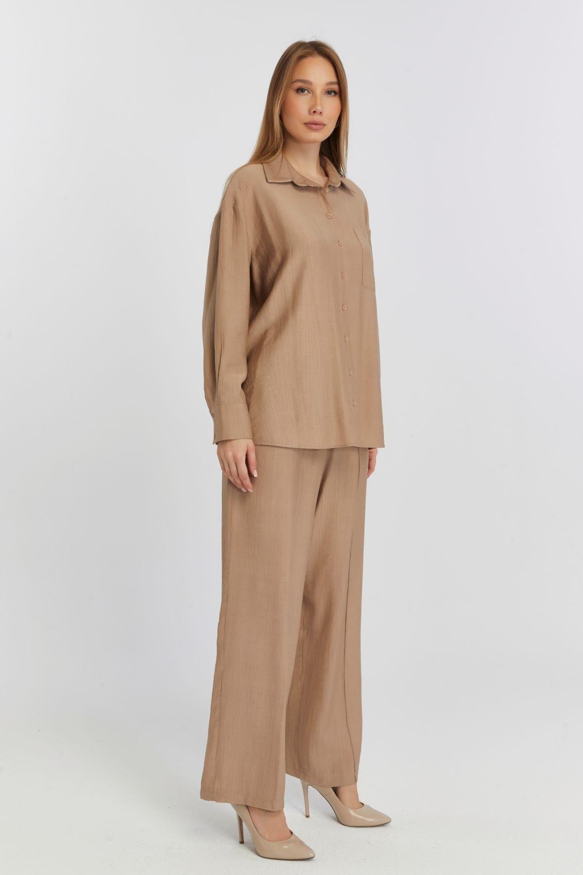 Kadın Camel Casual Oversize/Geniş Kalıp Gömlek