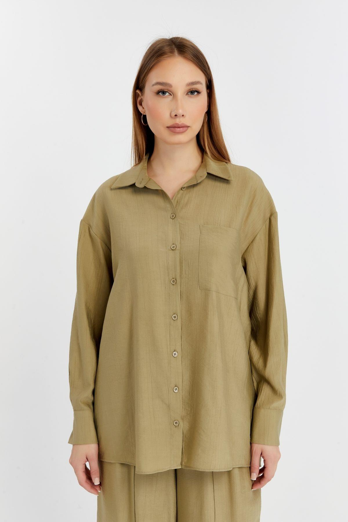 Kadın Haki Casual Oversize/Geniş Kalıp Gömlek