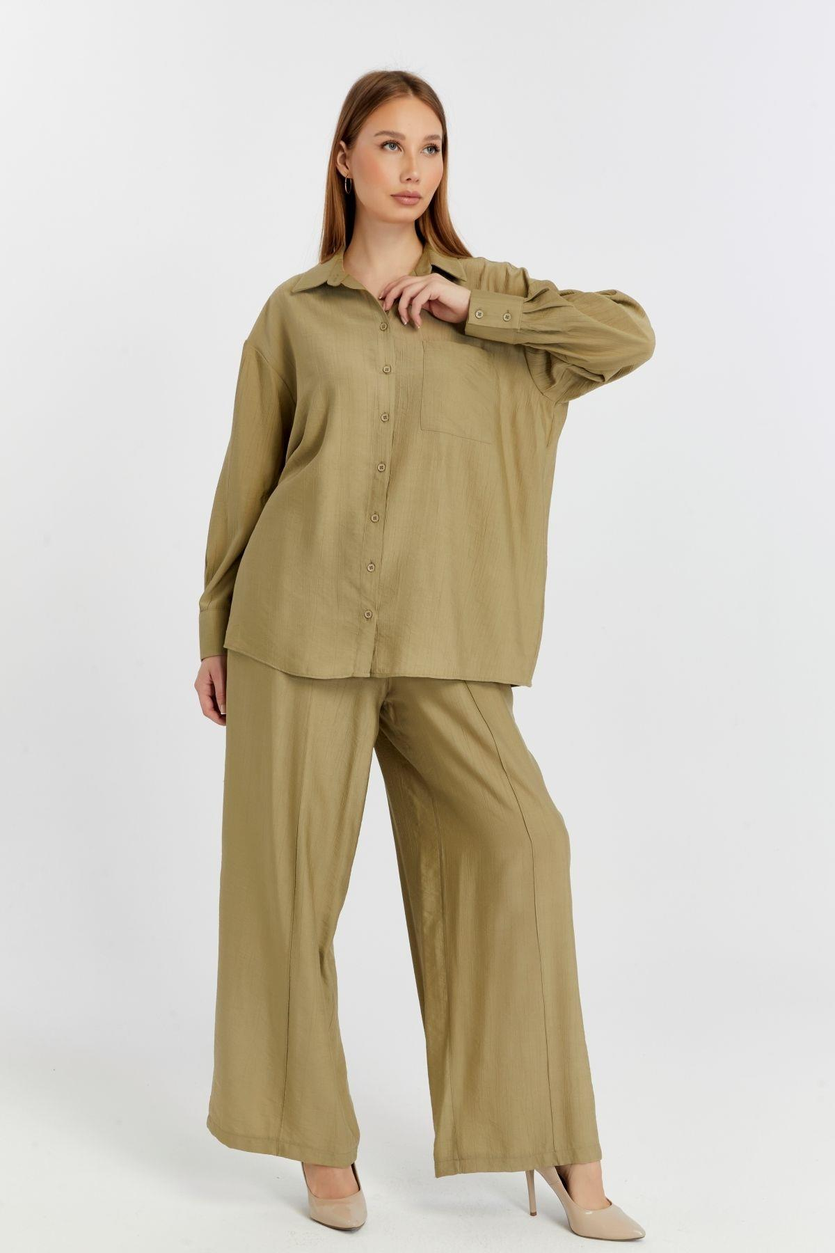 Kadın Haki Casual Oversize/Geniş Kalıp Gömlek