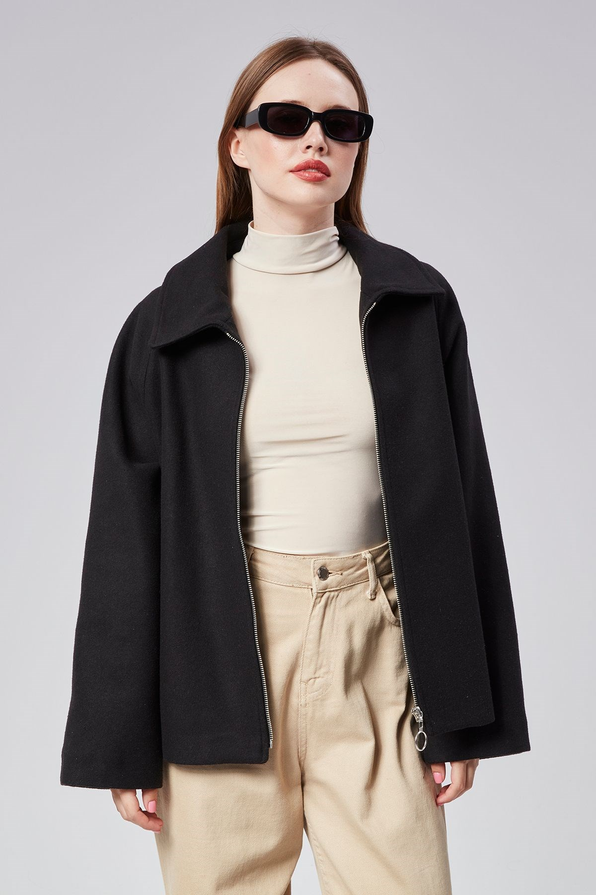 Kadın Kaşe Oversize Fermuarlı Ceket