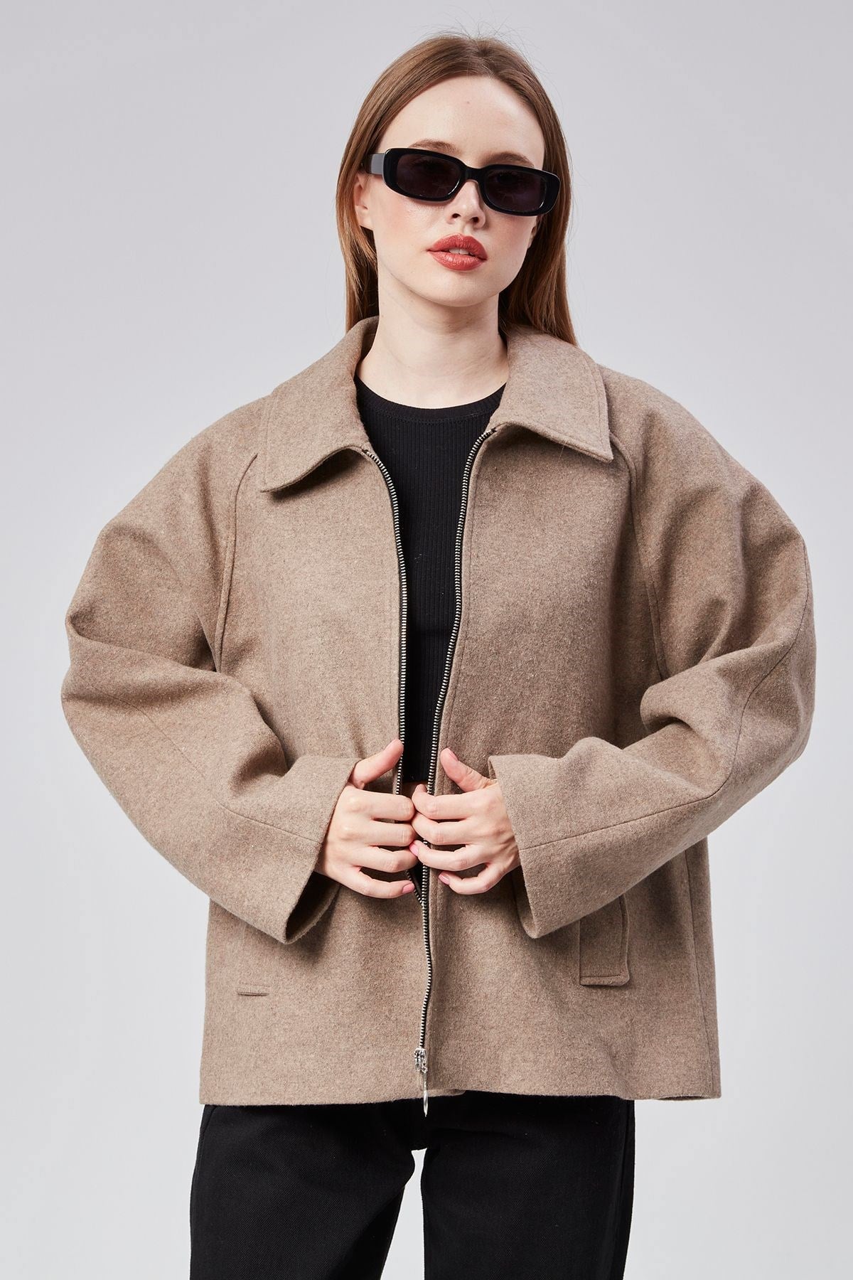 Kadın Kaşe Oversize Fermuarlı Ceket