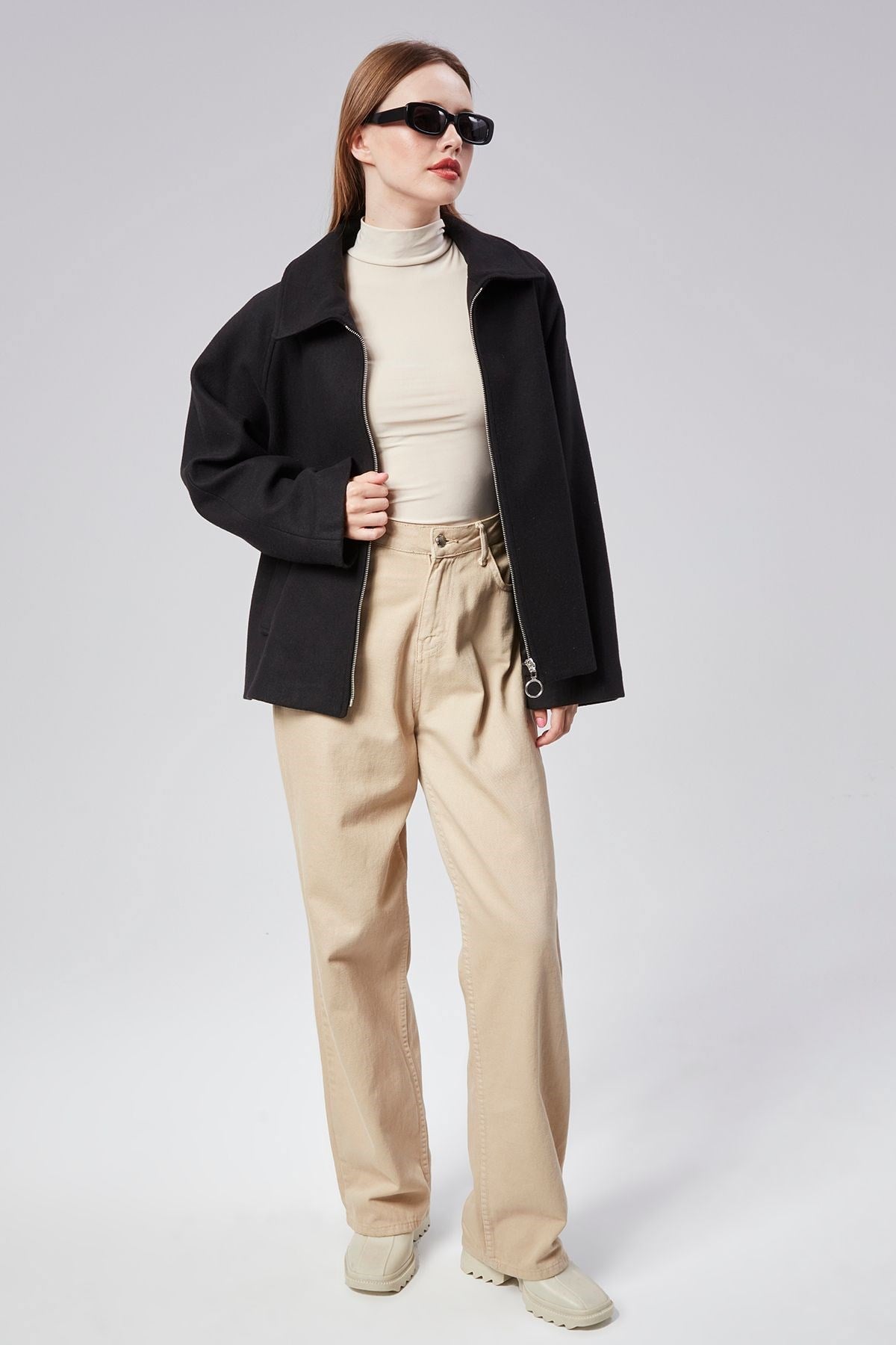 Kadın Kaşe Oversize Fermuarlı Ceket