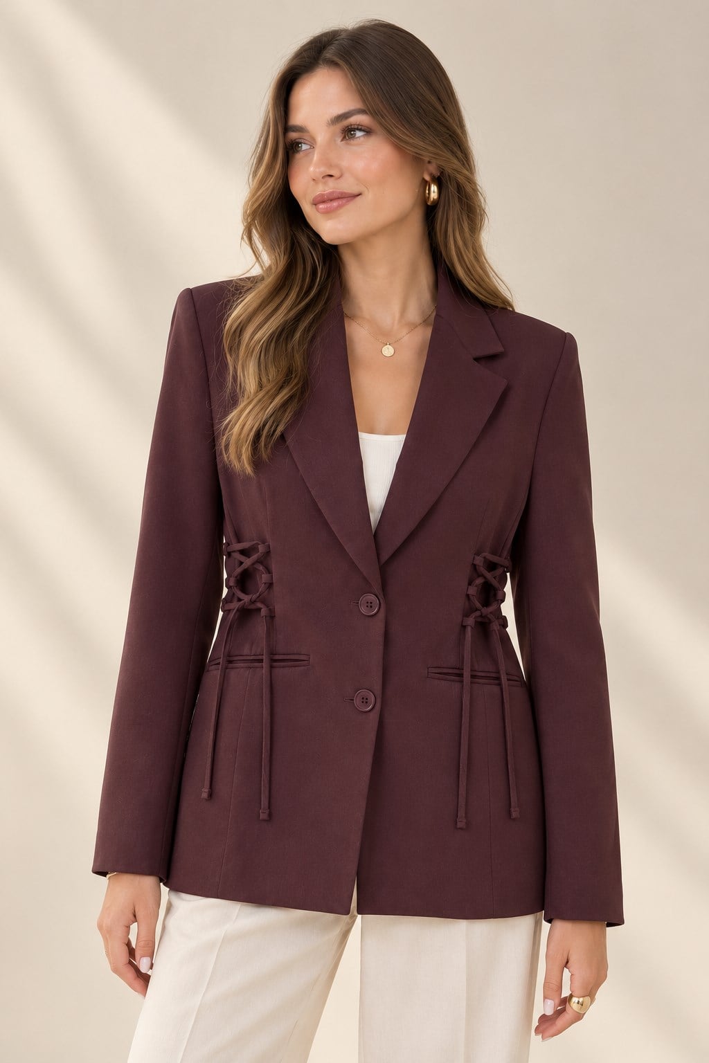 Kadın Mürdüm Fitted Blazer Ceket – Yandan Bağlamalı Vücuda Oturan Dokuma Ceket