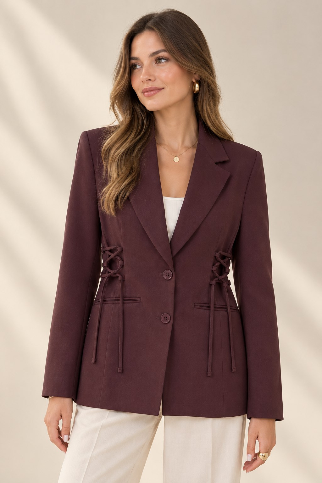 Kadın Mürdüm Fitted Blazer Ceket – Yandan Bağlamalı Vücuda Oturan Dokuma Ceket