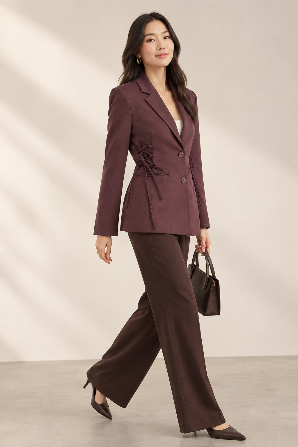 Kadın Mürdüm Fitted Blazer Ceket – Yandan Bağlamalı Vücuda Oturan Dokuma Ceket