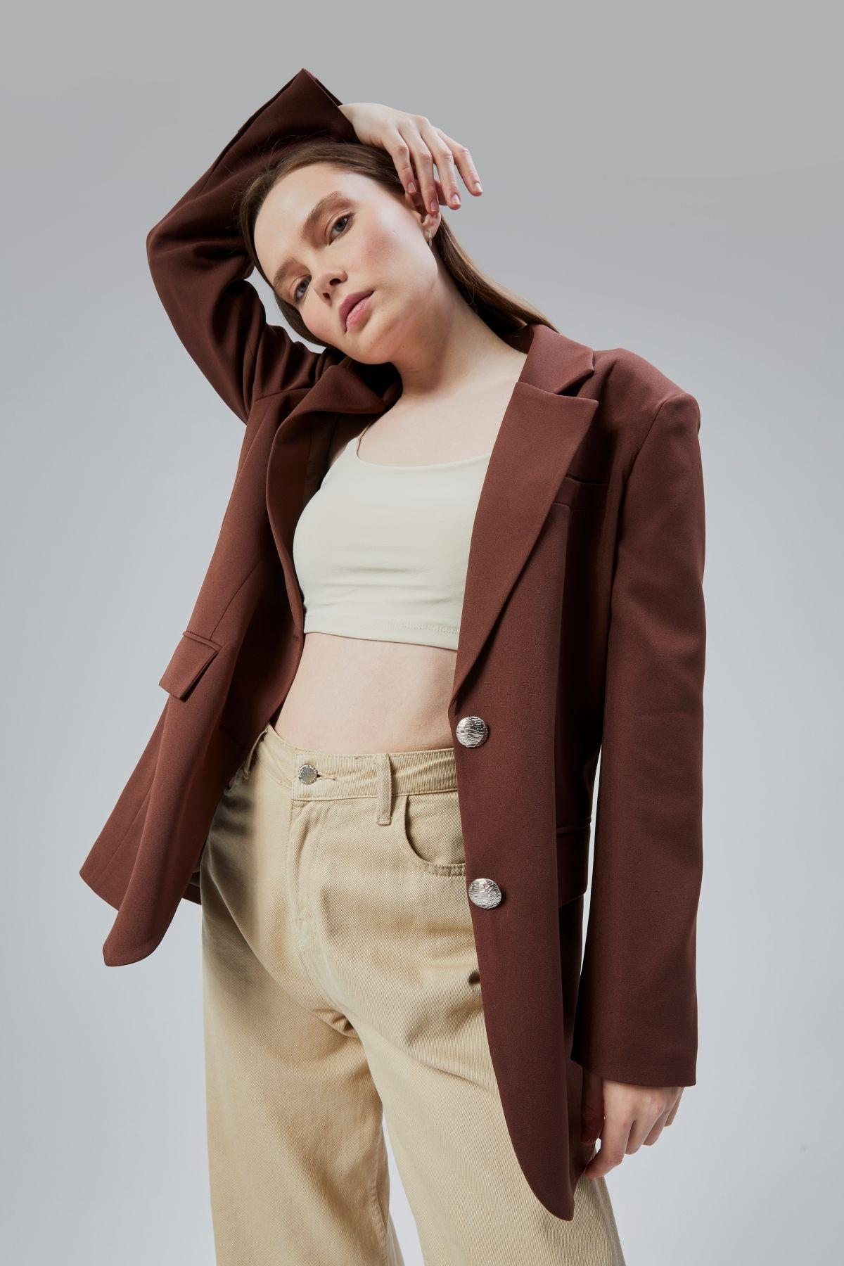 Kadın Oversize Astarlı Dokuma Blazer Ceket