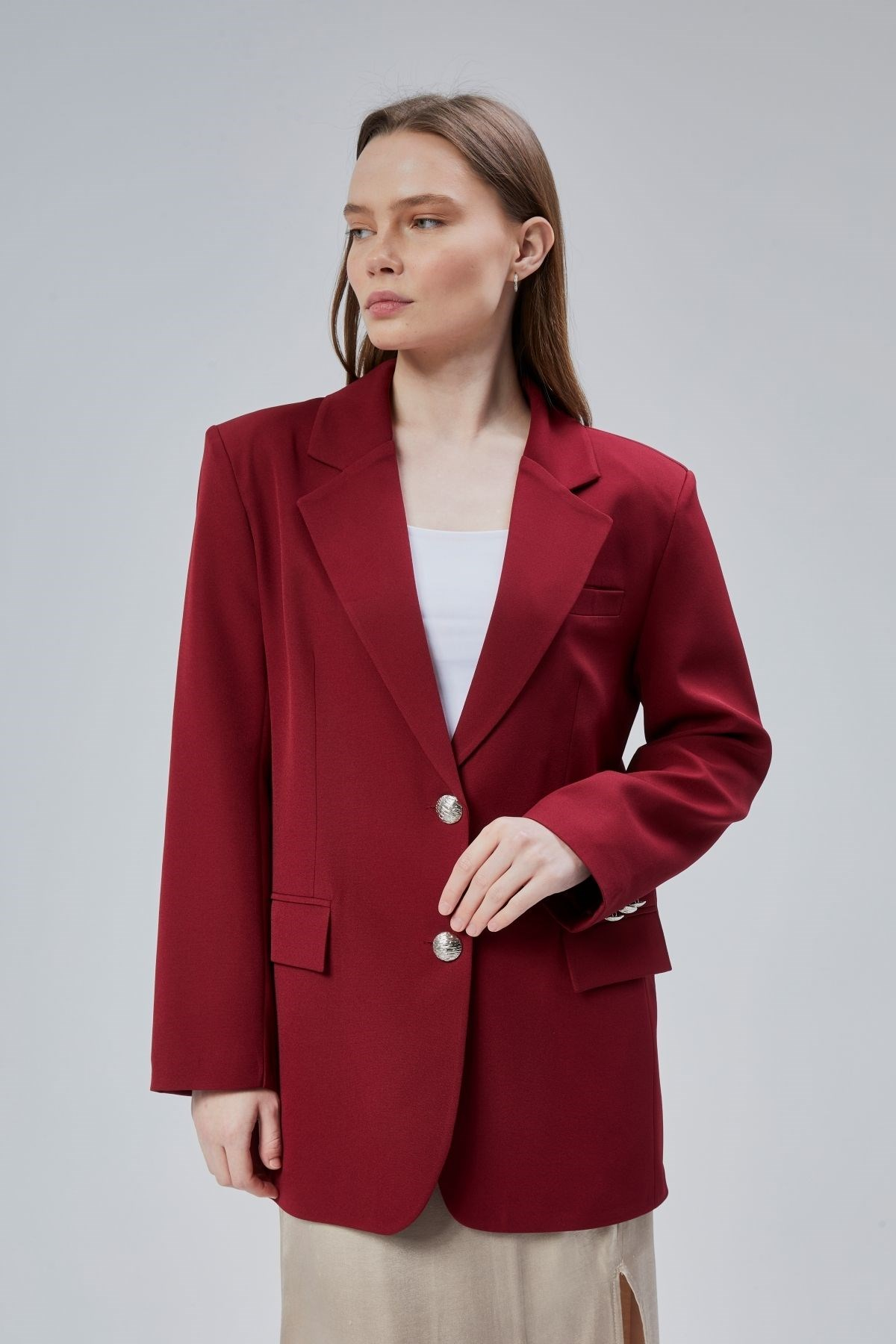 Kadın Oversize Astarlı Dokuma Blazer Ceket