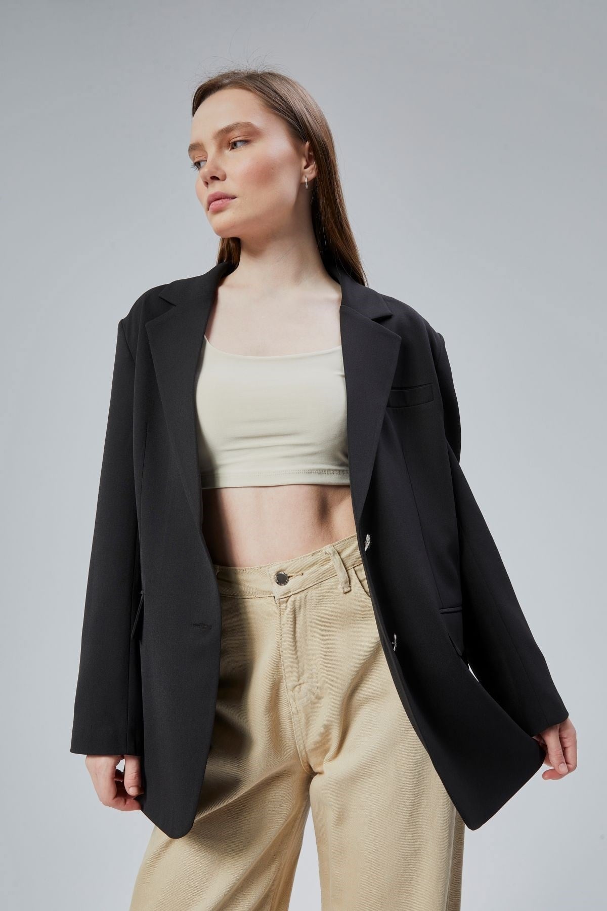 Kadın Oversize Astarlı Dokuma Blazer Ceket