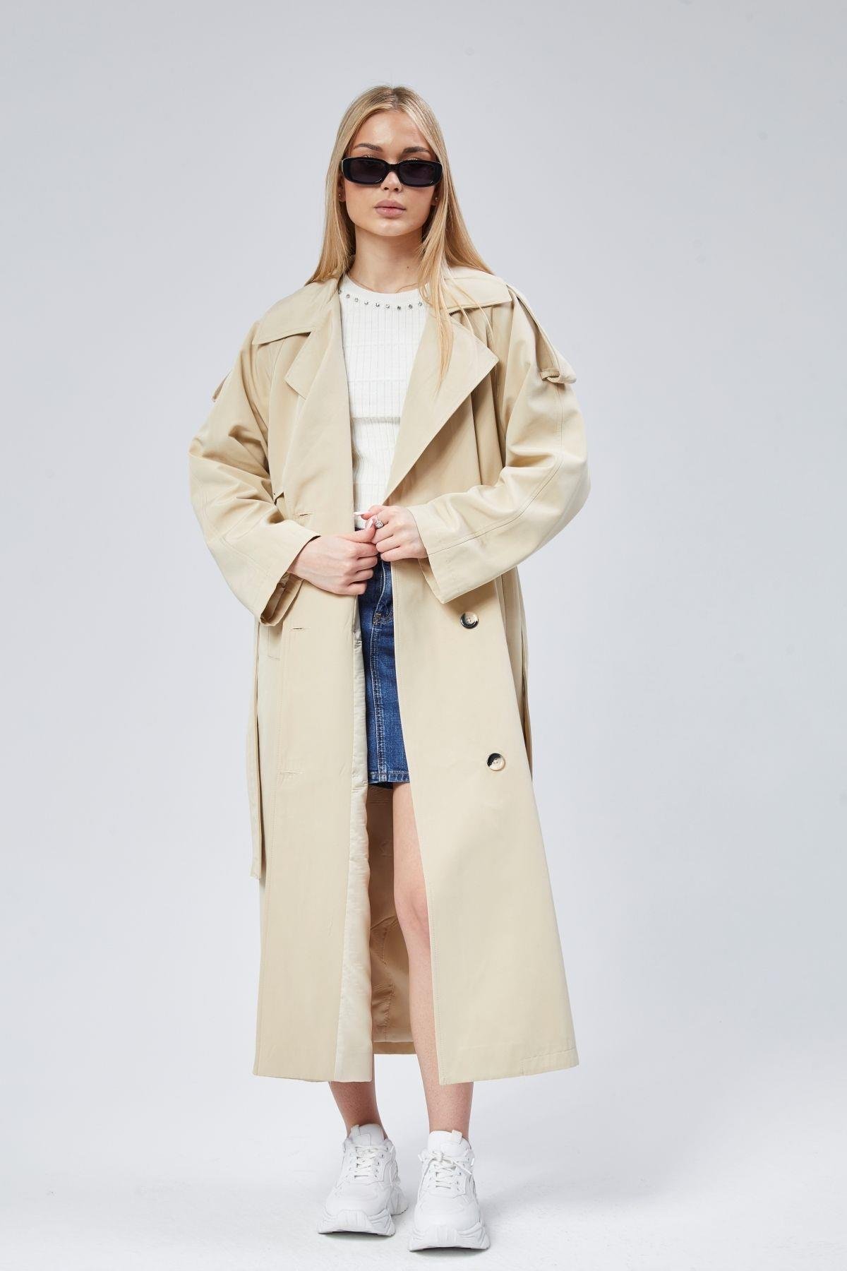Kadın Oversize Astarlı Uzun Trençkot
