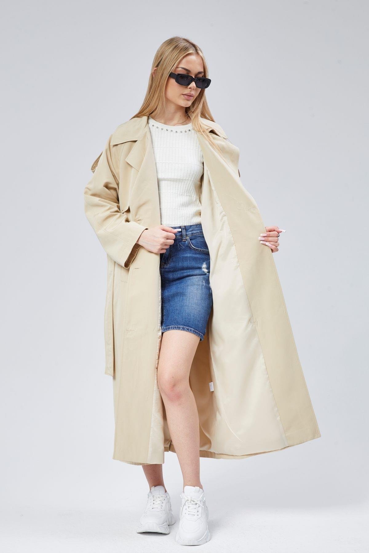 Kadın Oversize Astarlı Uzun Trençkot