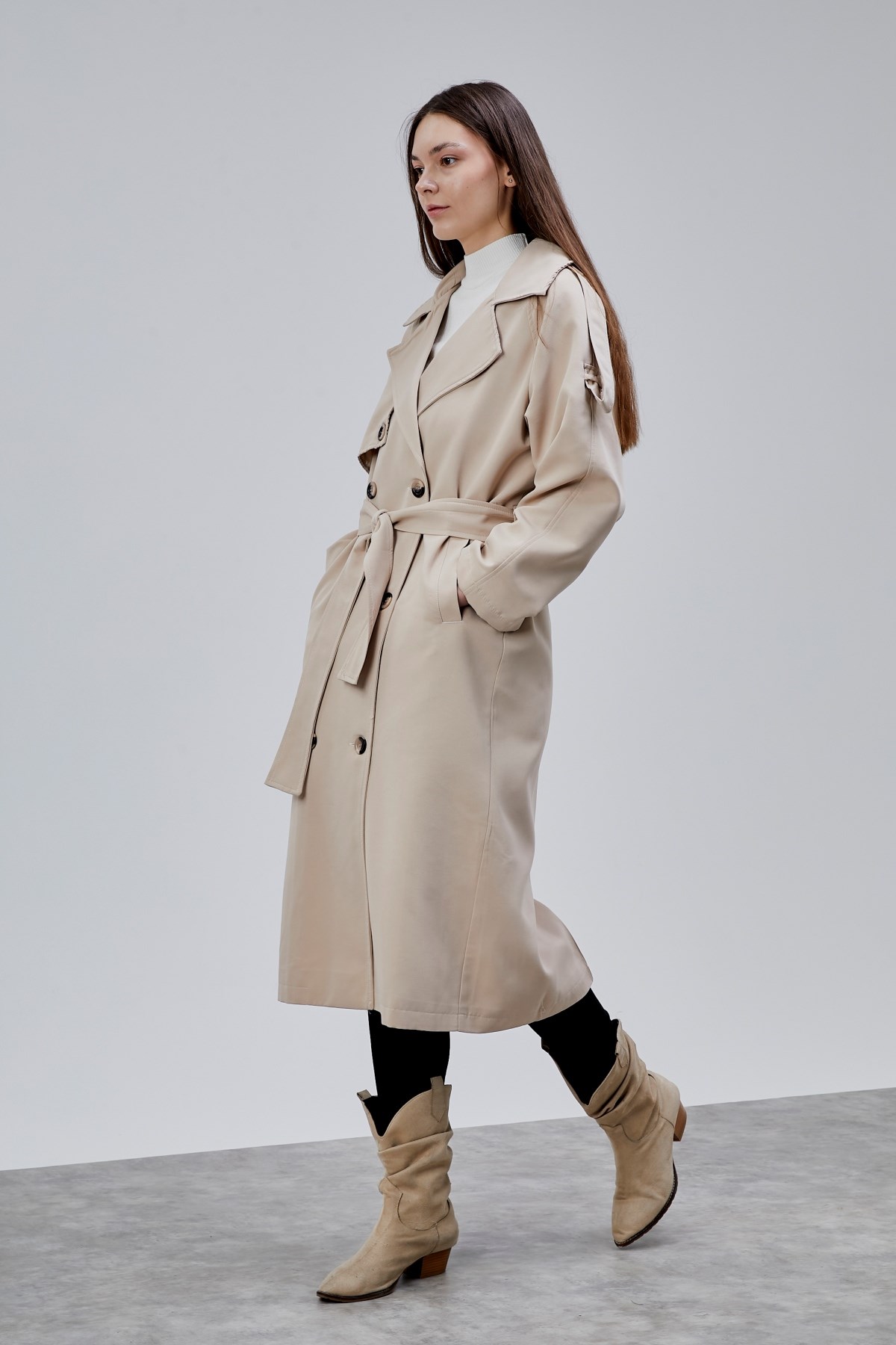 Kadın Oversize Astarlı Uzun Trençkot