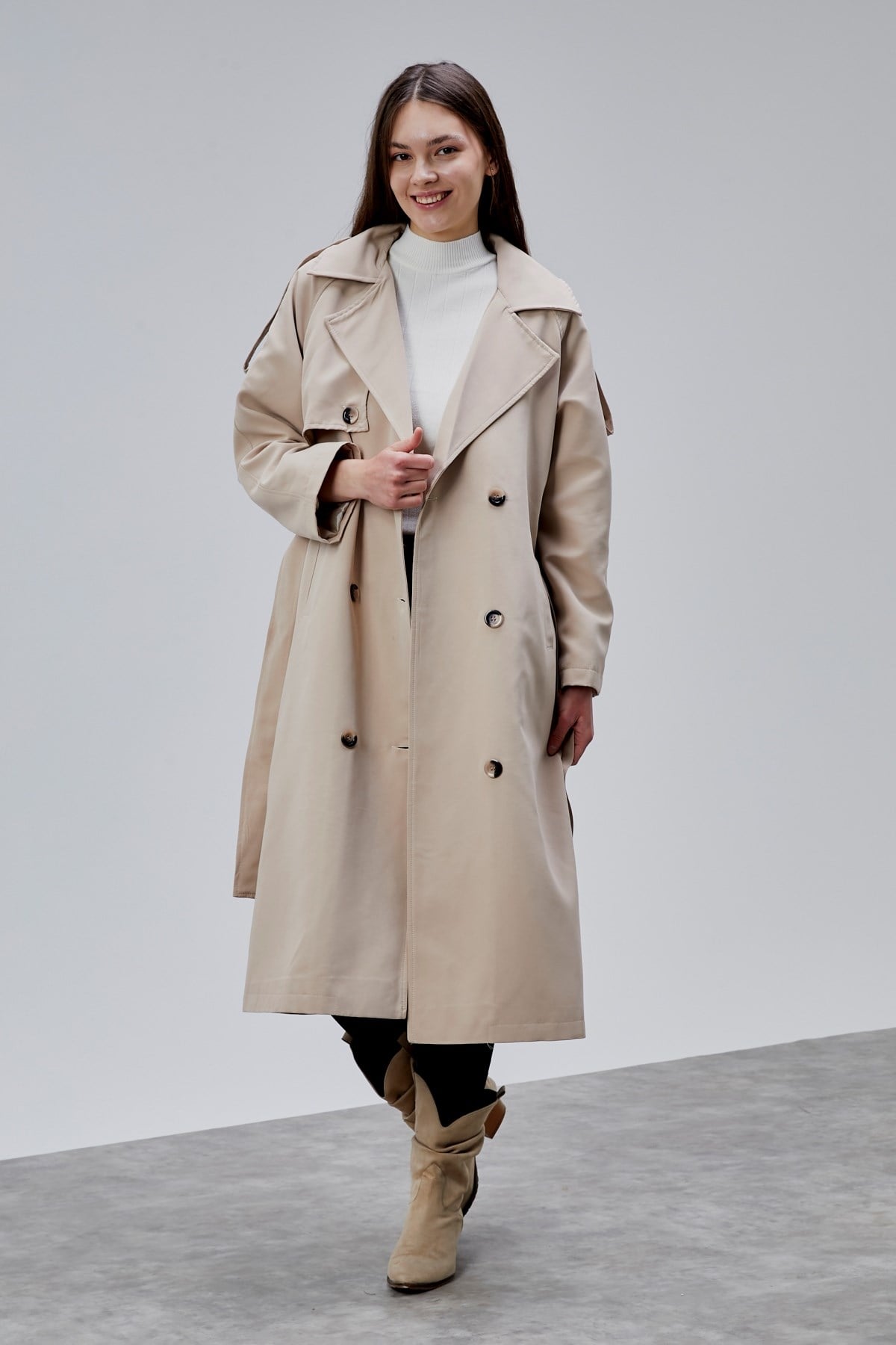 Kadın Oversize Astarlı Uzun Trençkot