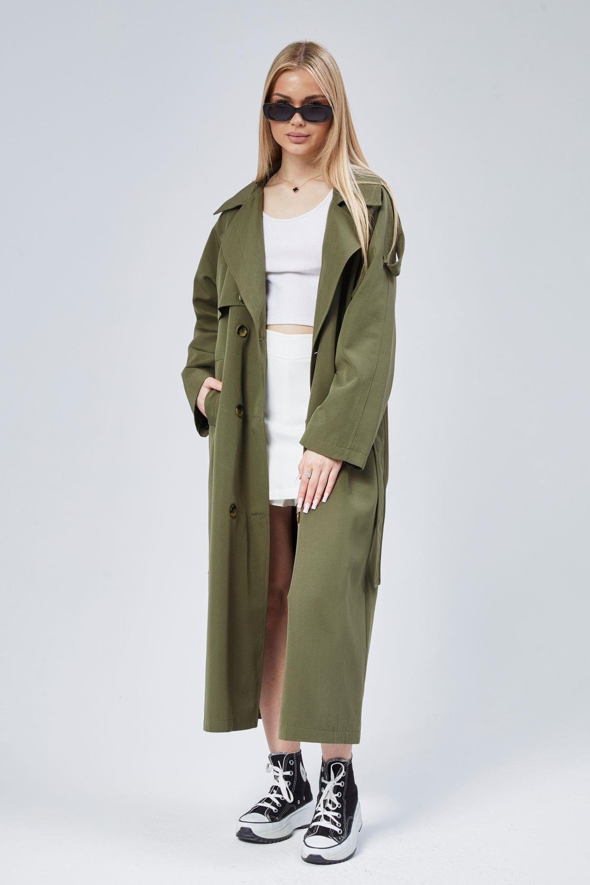 Kadın Oversize Astarlı Uzun Trençkot