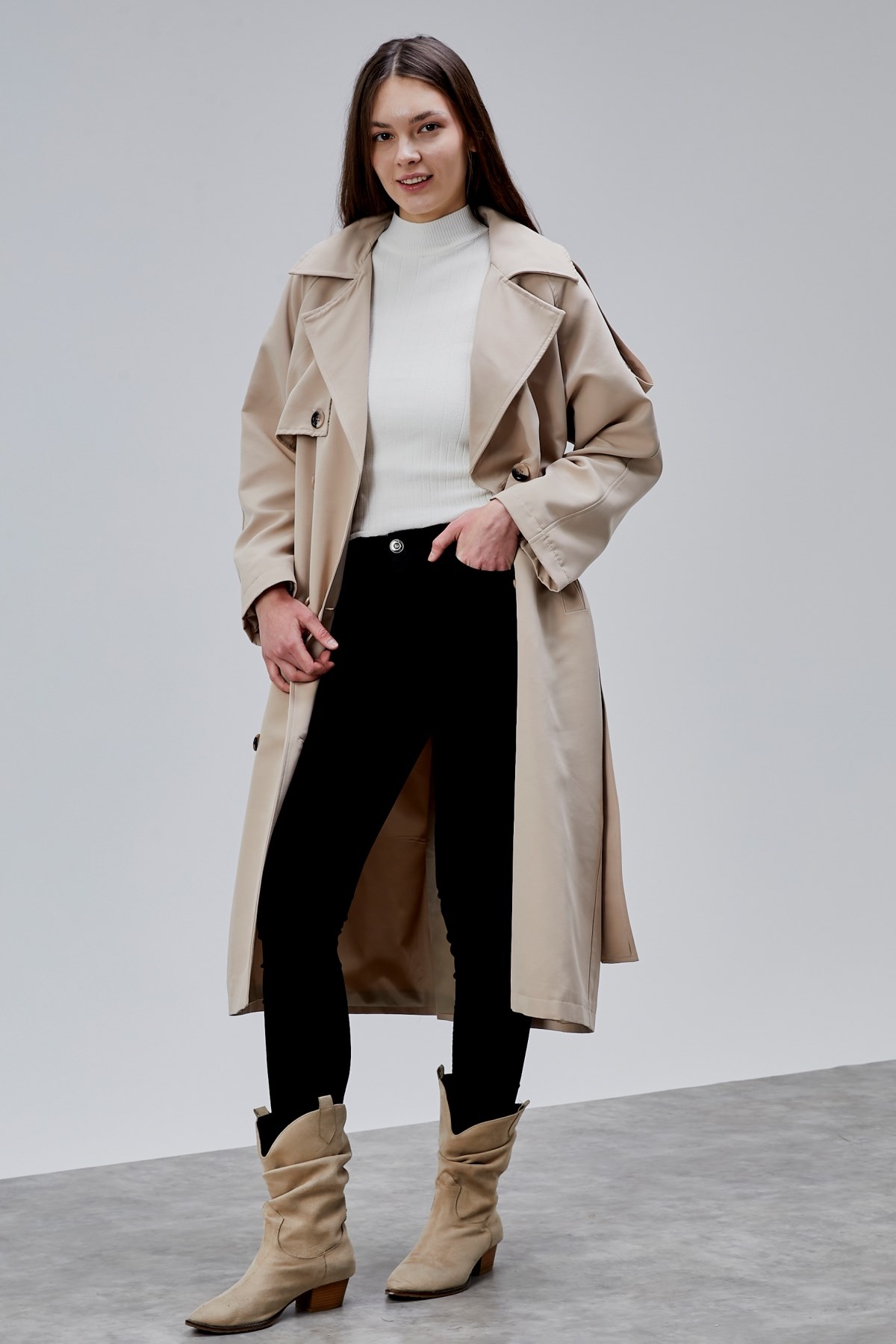 Kadın Oversize Astarlı Uzun Trençkot