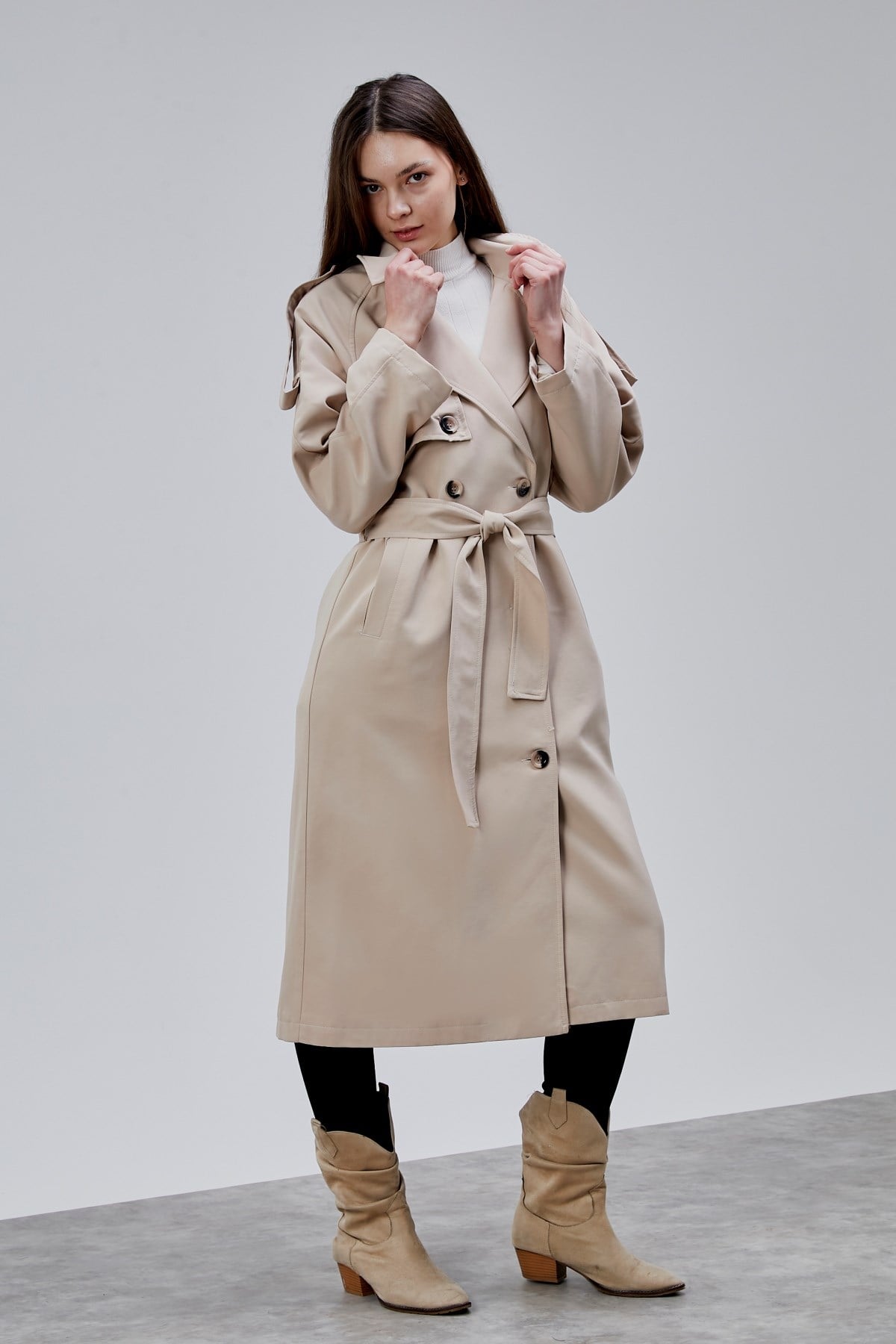 Kadın Oversize Astarlı Uzun Trençkot
