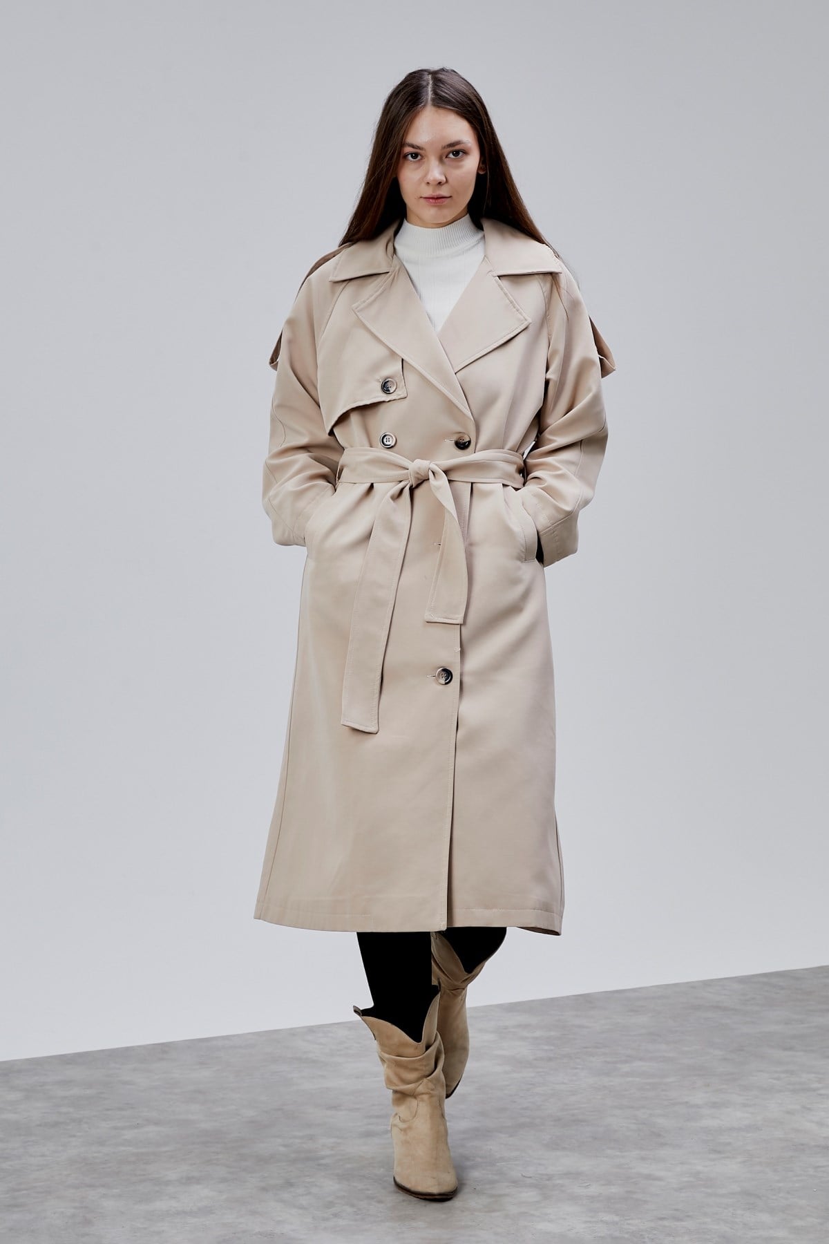 Kadın Oversize Astarlı Uzun Trençkot