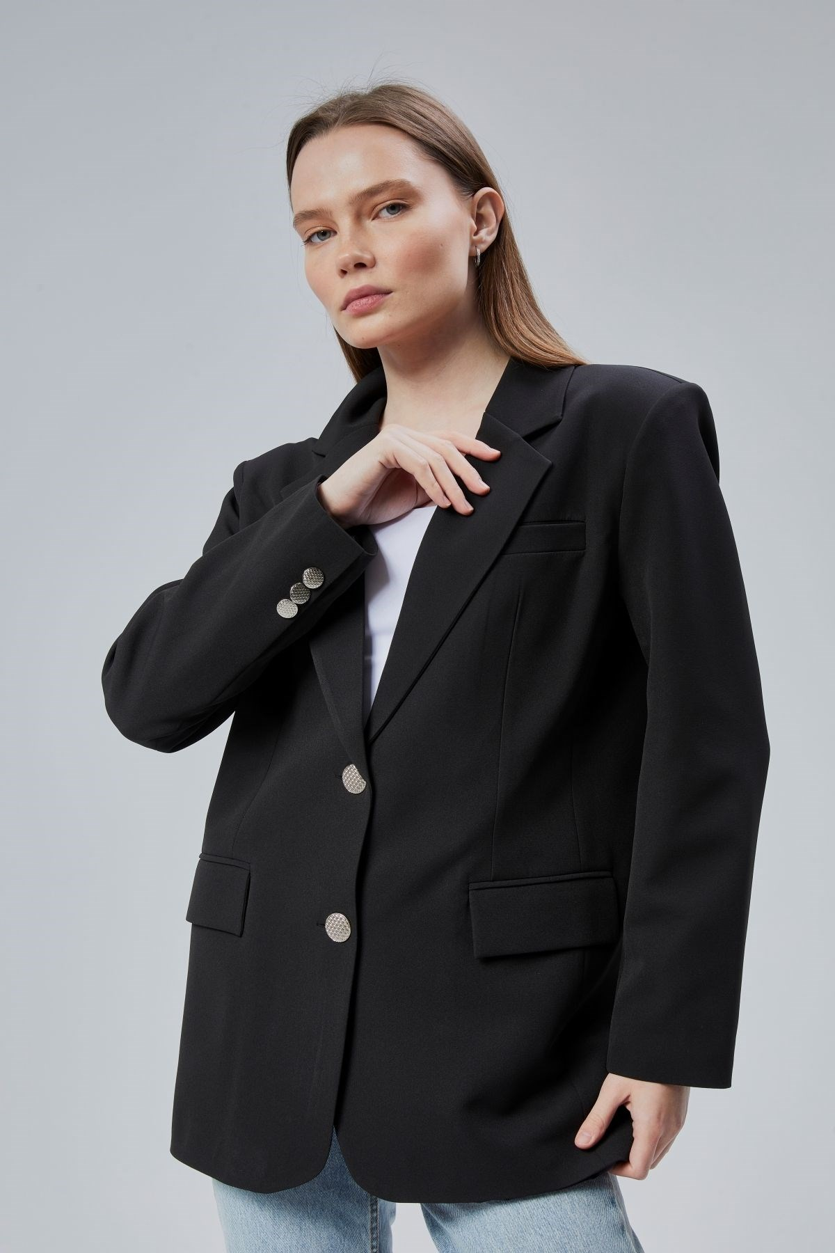 Kadın Oversize Düz Kesim Astarlı Dokuma Blazer Ceket