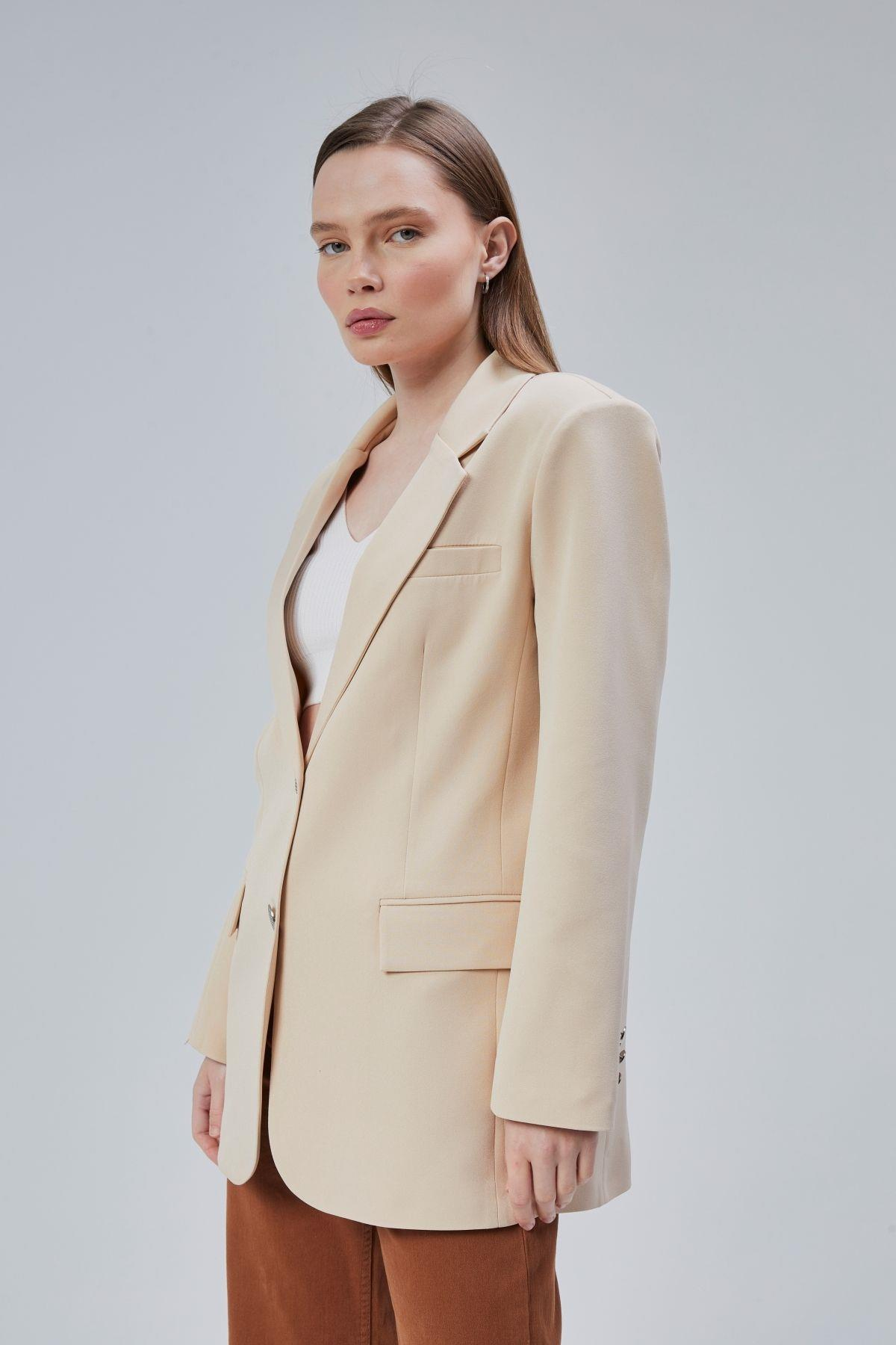 Kadın Oversize Düz Kesim Astarlı Dokuma Blazer Ceket