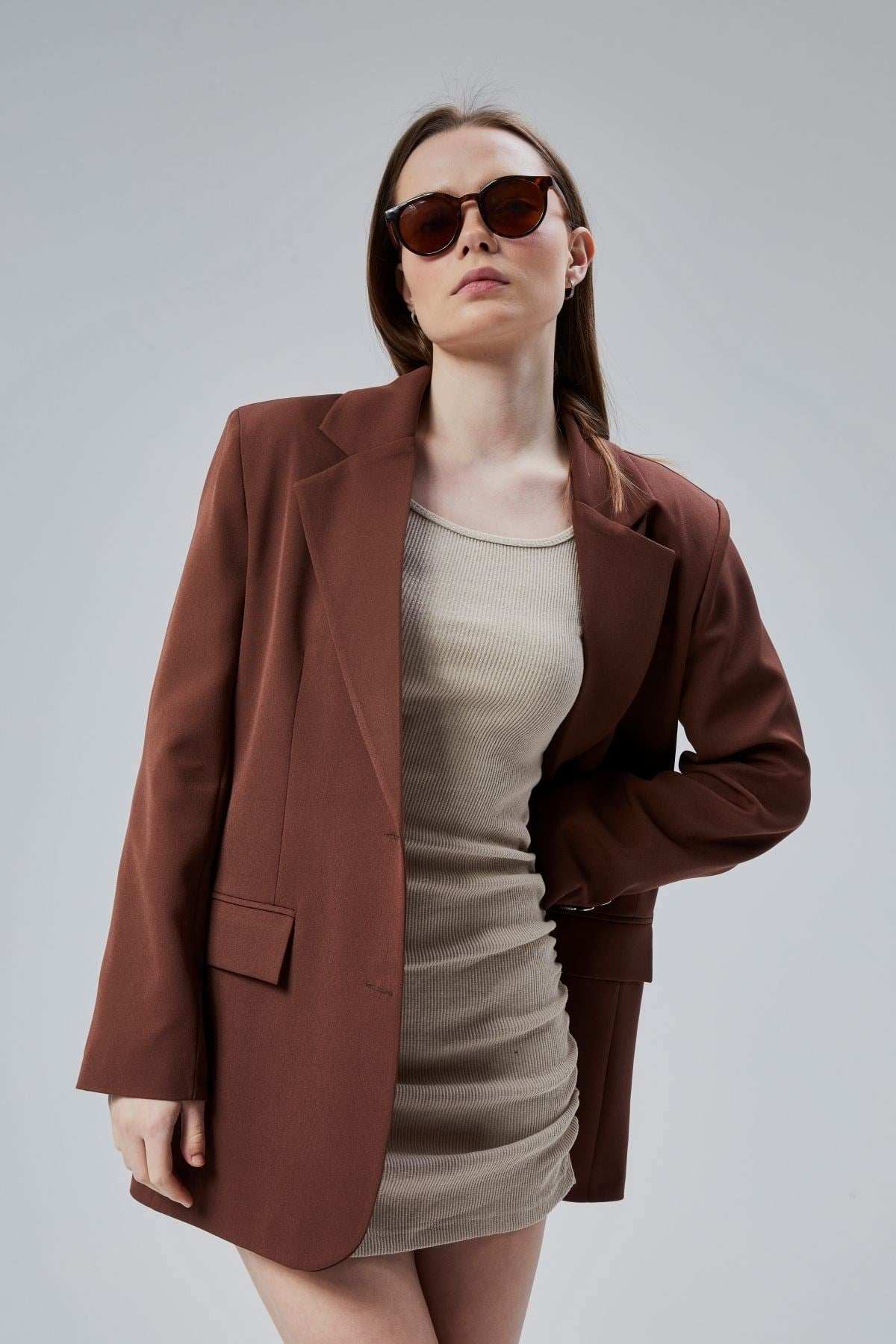 Kadın Oversize Düz Kesim Astarlı Dokuma Blazer Ceket