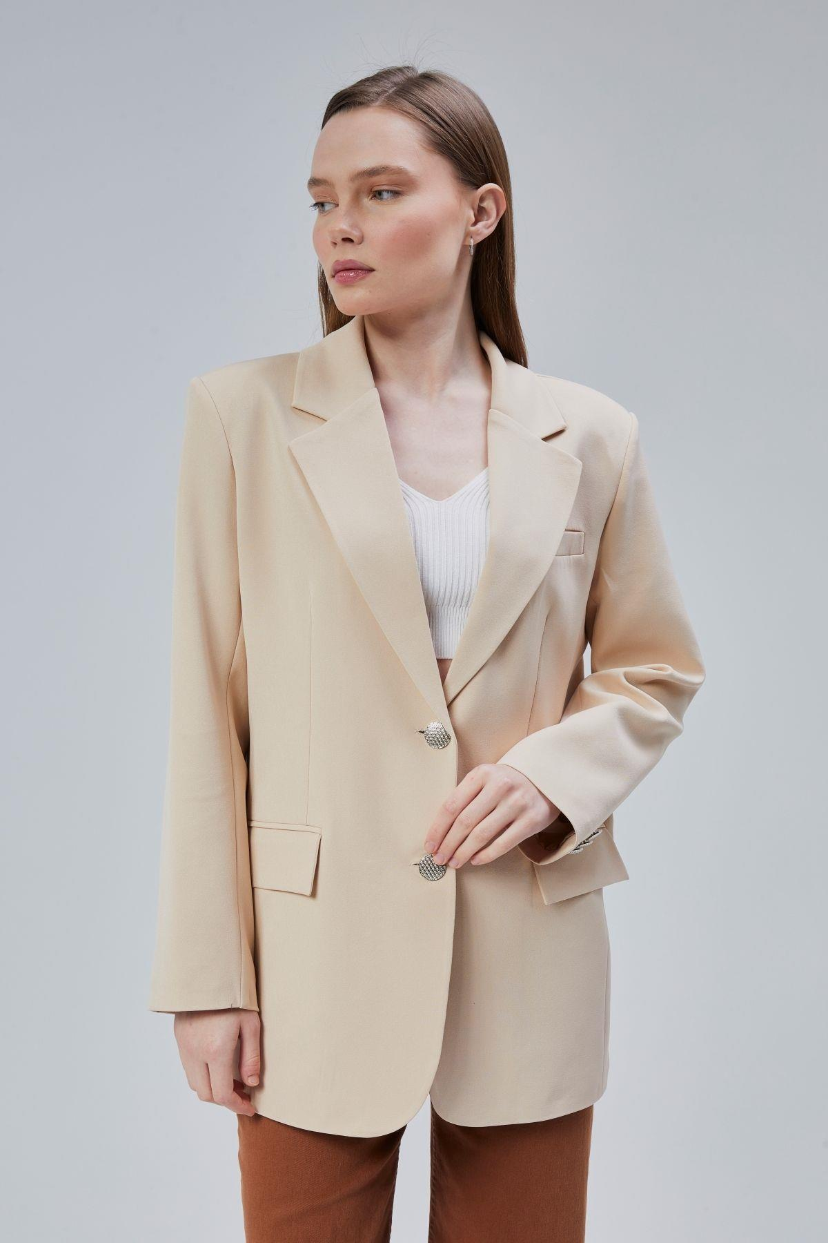 Kadın Oversize Düz Kesim Astarlı Dokuma Blazer Ceket