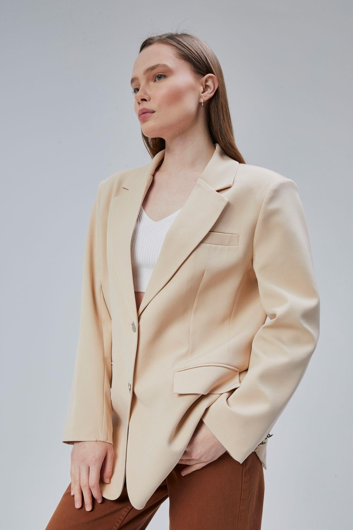 Kadın Oversize Düz Kesim Astarlı Dokuma Blazer Ceket