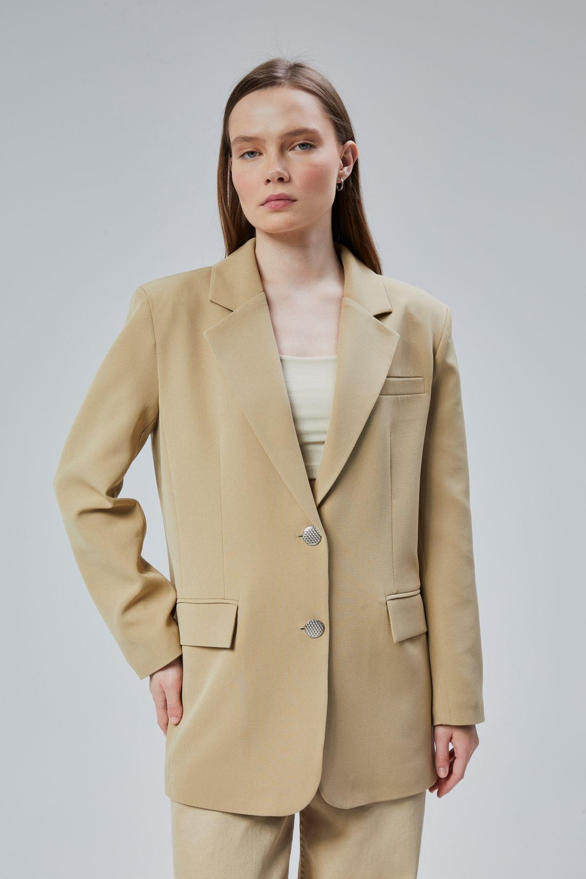 Kadın Oversize Düz Kesim Astarlı Dokuma Blazer Ceket
