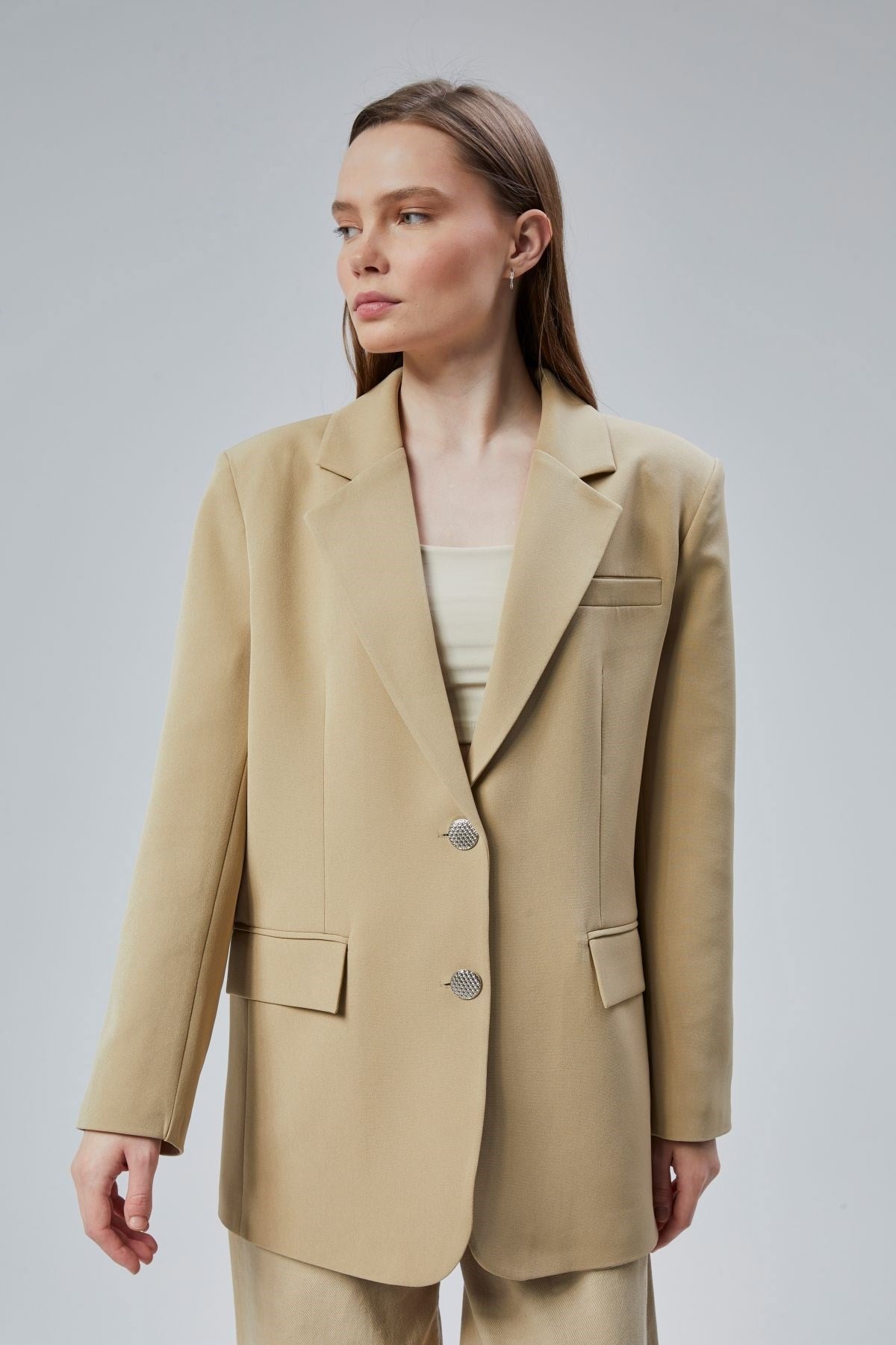 Kadın Oversize Düz Kesim Astarlı Dokuma Blazer Ceket