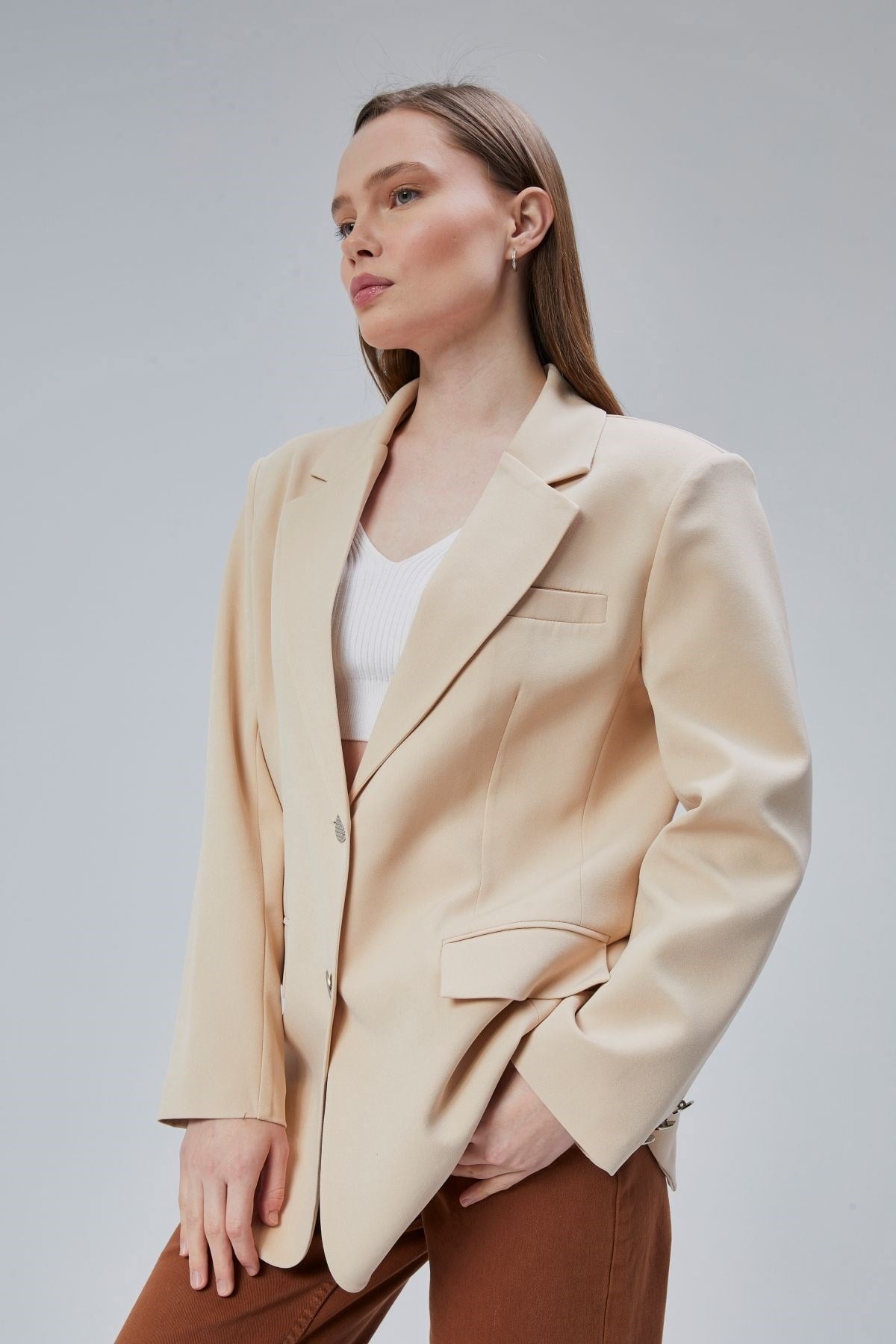 Kadın Oversize Düz Kesim Astarlı Dokuma Blazer Ceket