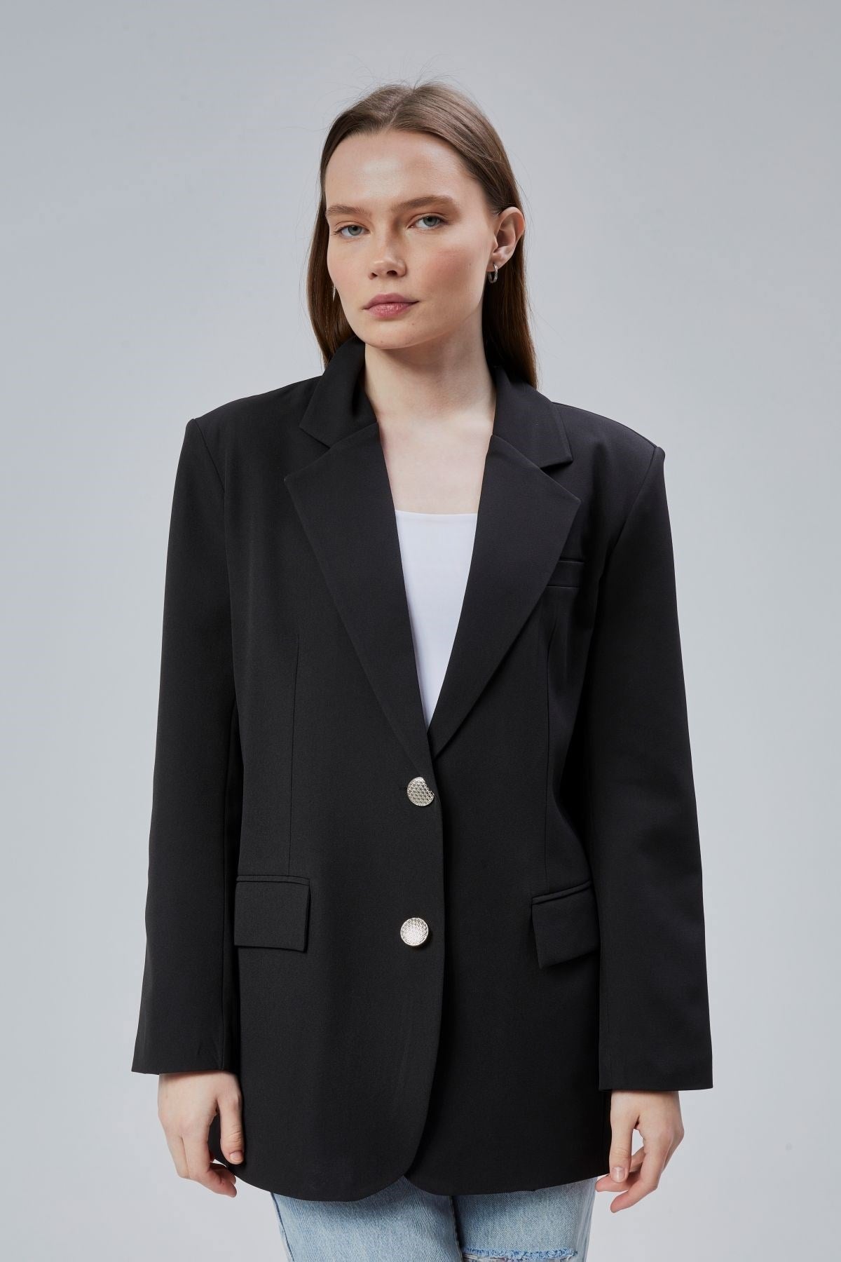 Kadın Oversize Düz Kesim Astarlı Dokuma Blazer Ceket