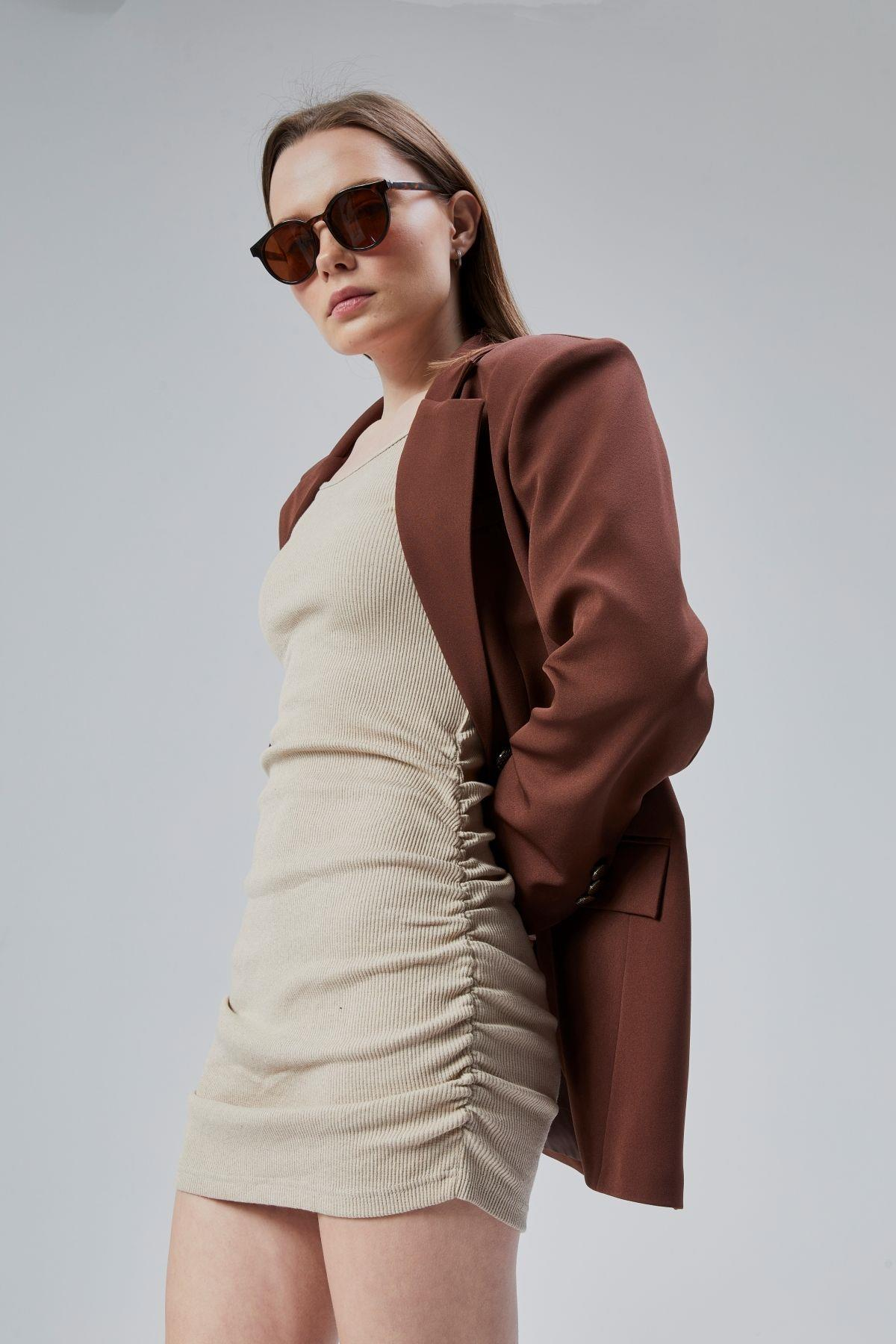 Kadın Oversize Düz Kesim Astarlı Dokuma Blazer Ceket