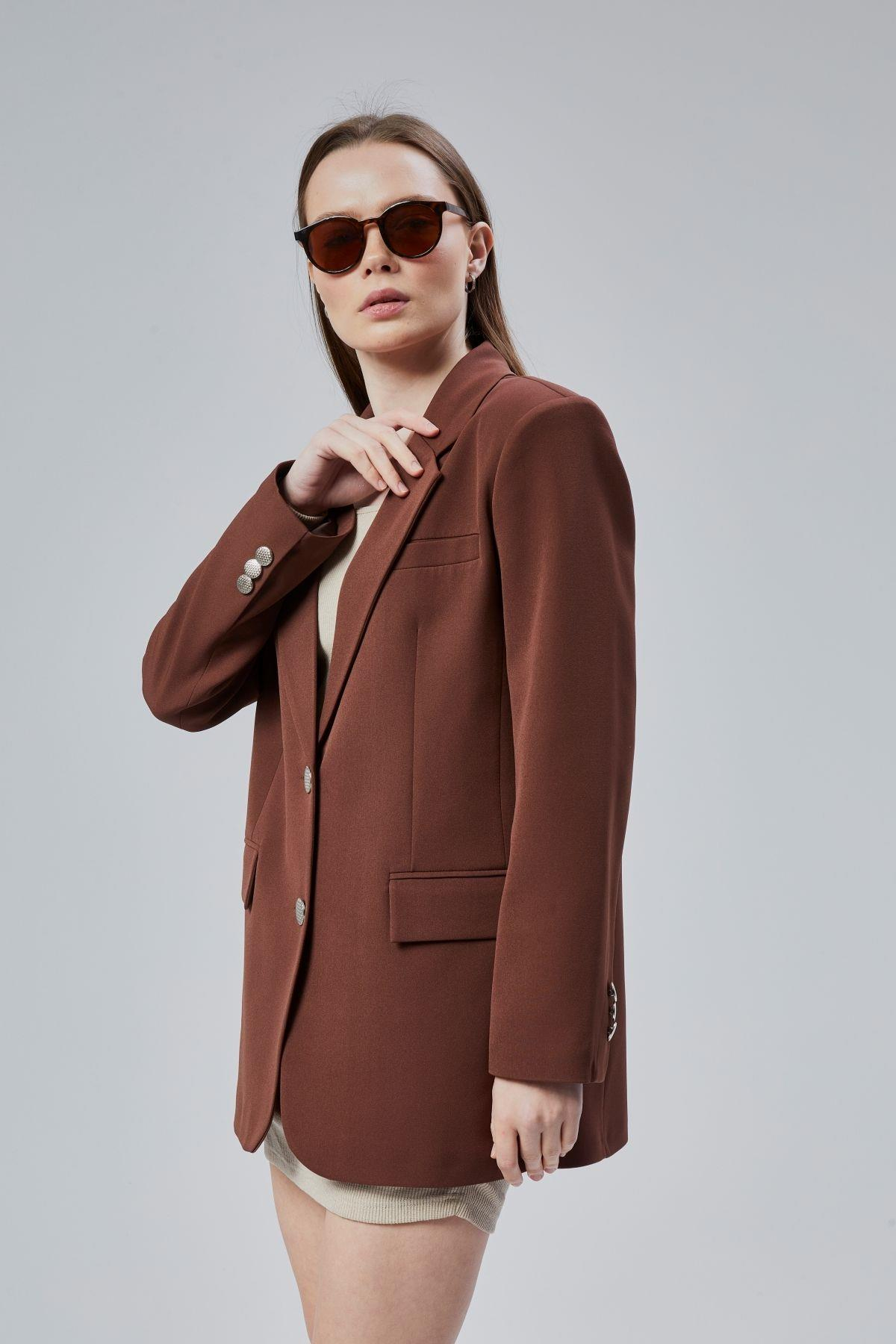 Kadın Oversize Düz Kesim Astarlı Dokuma Blazer Ceket
