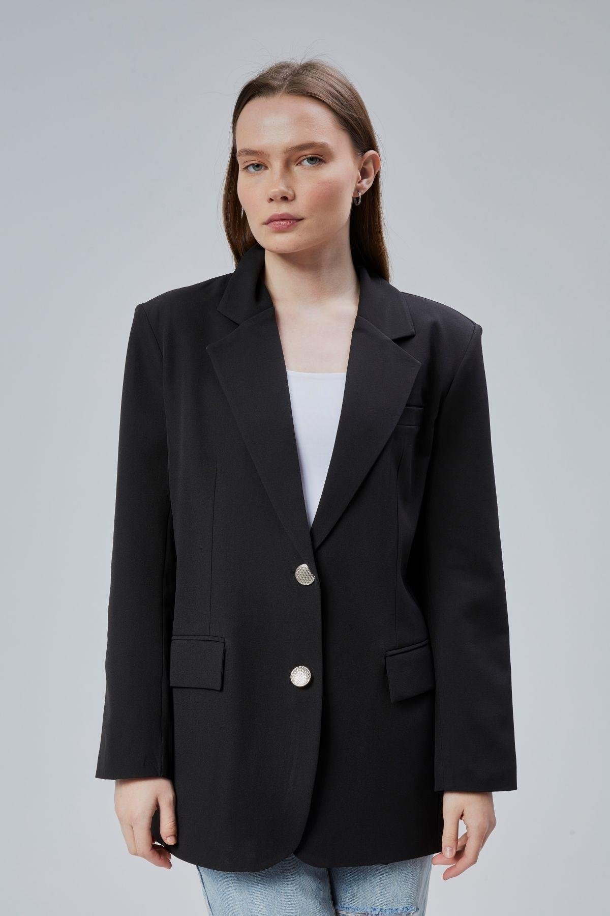 Kadın Oversize Düz Kesim Astarlı Dokuma Blazer Ceket