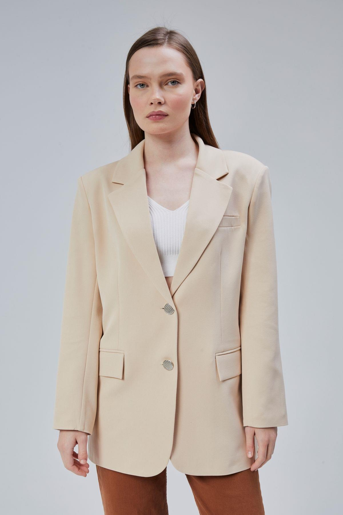 Kadın Oversize Düz Kesim Astarlı Dokuma Blazer Ceket