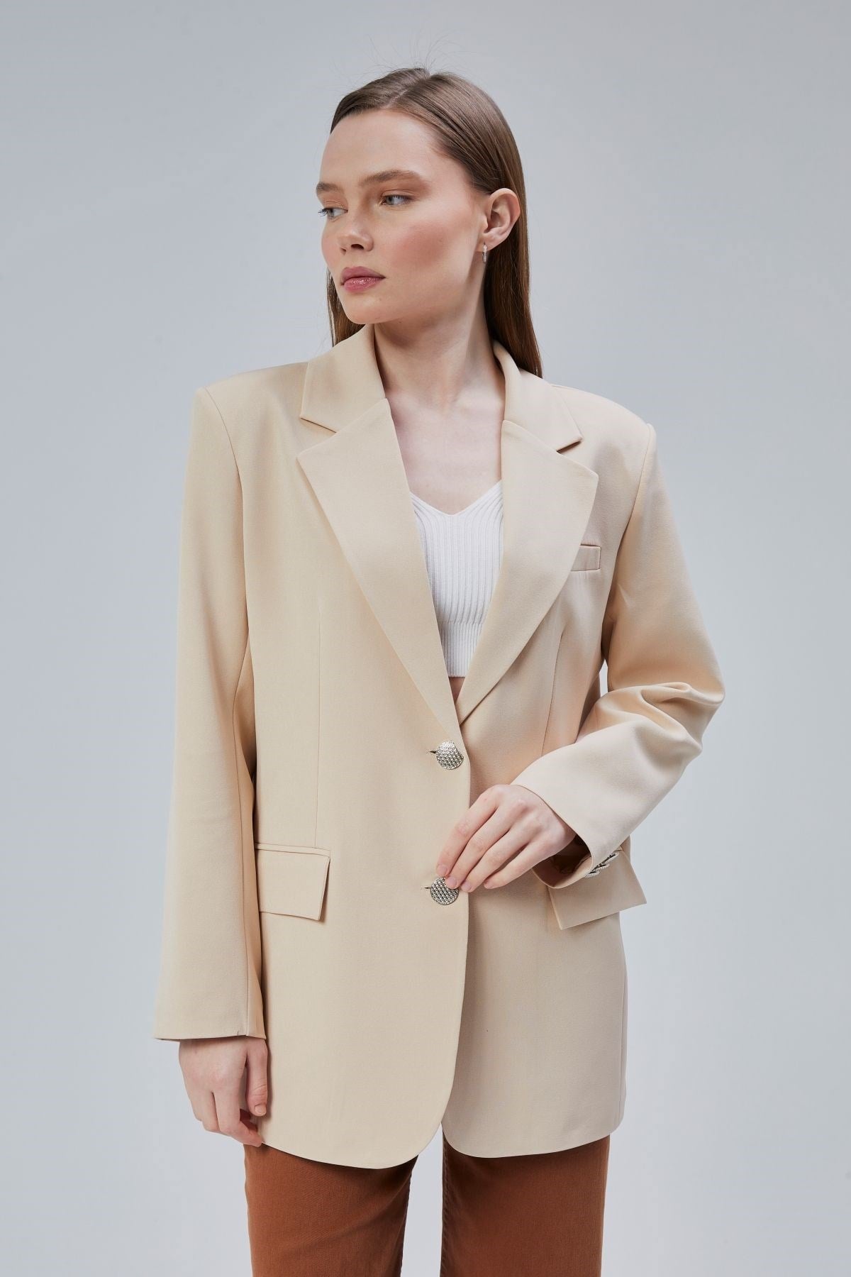 Kadın Oversize Düz Kesim Astarlı Dokuma Blazer Ceket