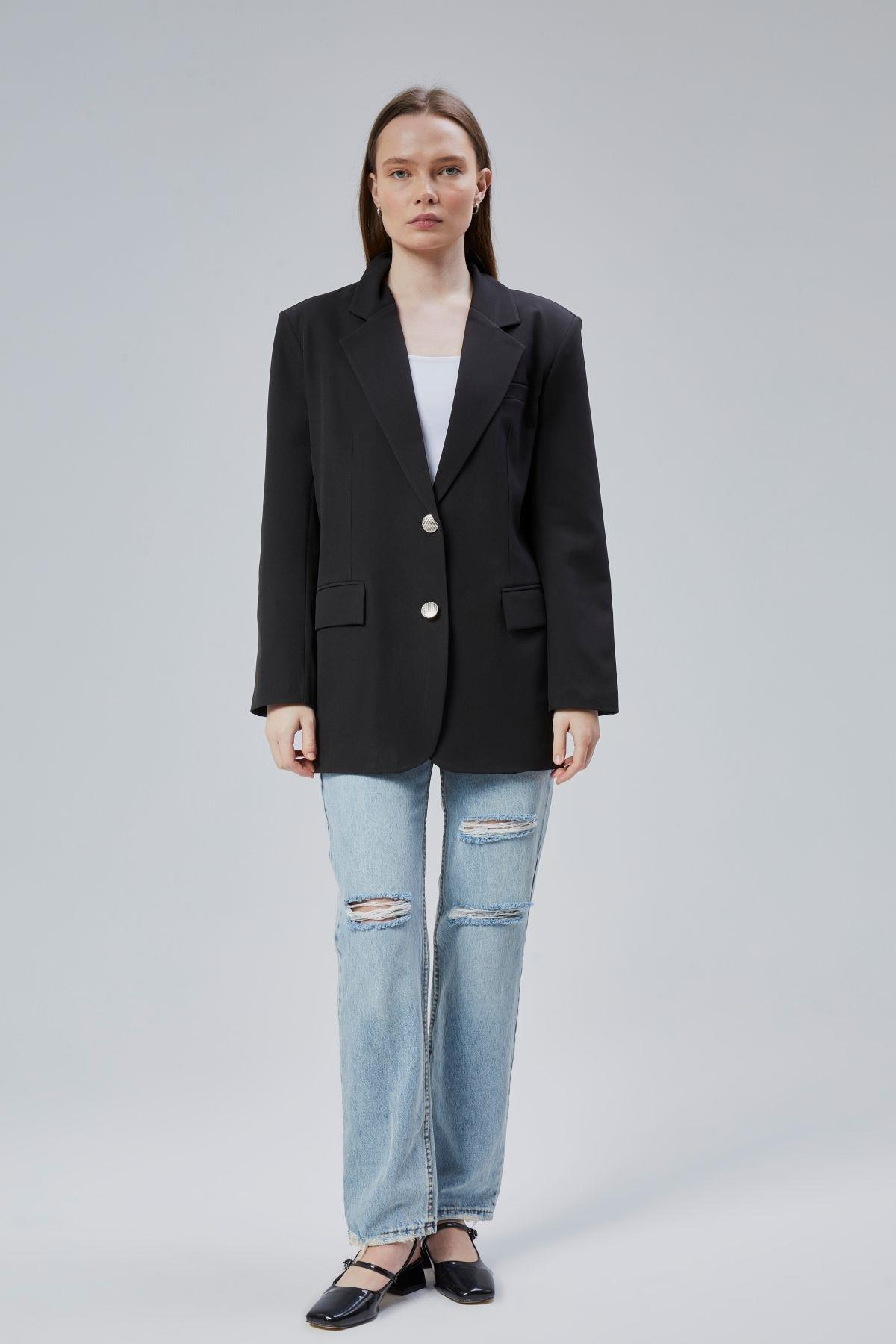 Kadın Oversize Düz Kesim Astarlı Dokuma Blazer Ceket