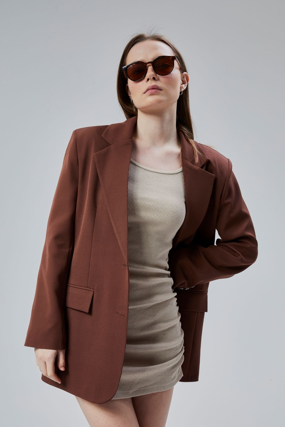 Kadın Oversize Düz Kesim Astarlı Dokuma Blazer Ceket