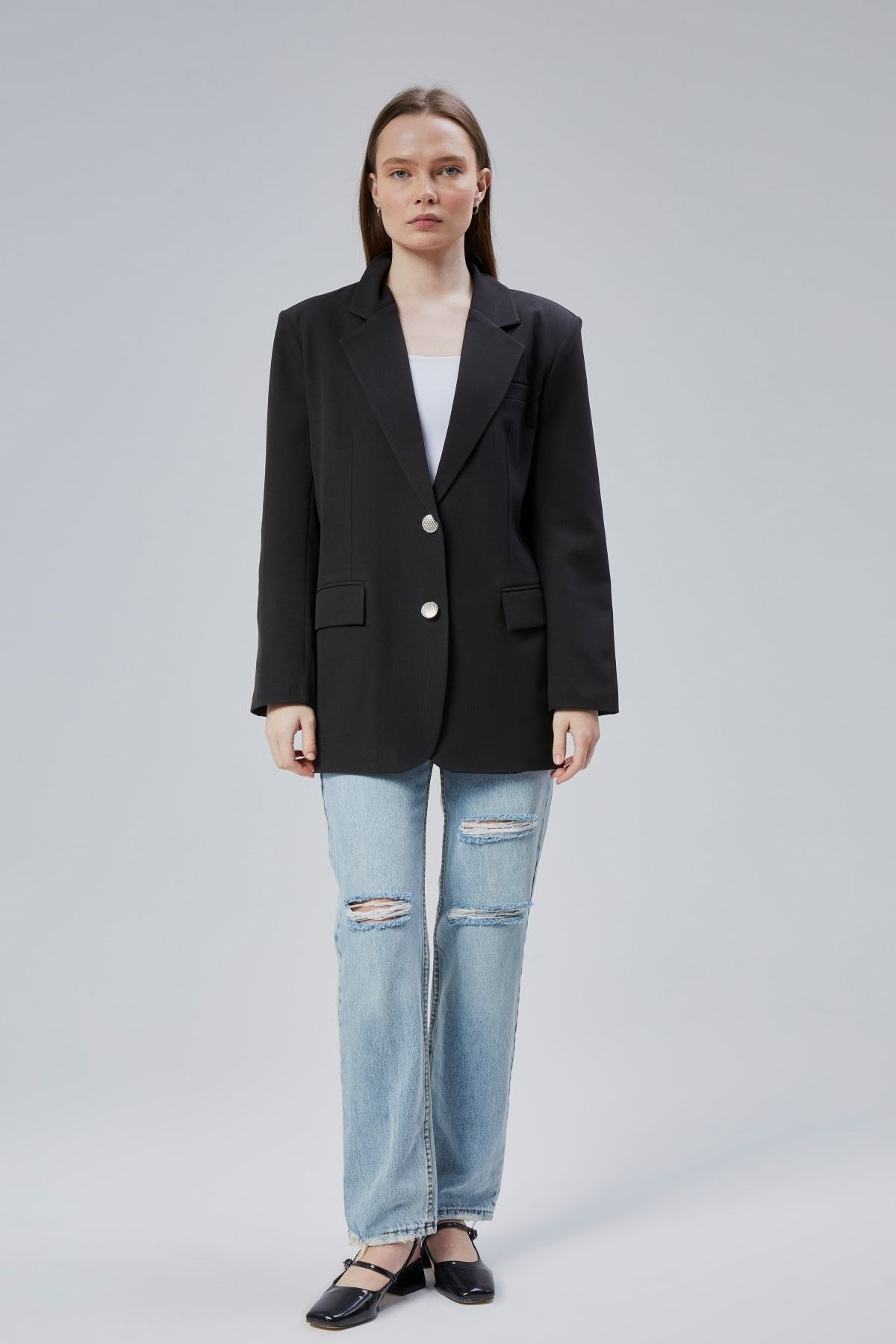 Kadın Oversize Düz Kesim Astarlı Dokuma Blazer Ceket