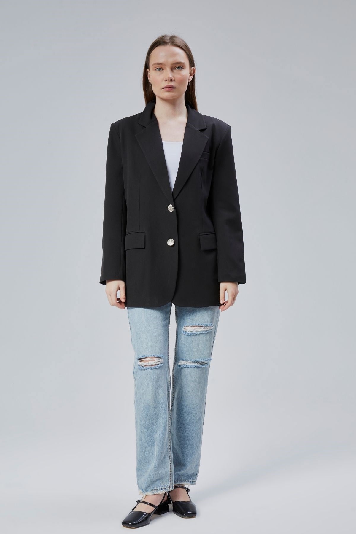 Kadın Oversize Düz Kesim Astarlı Dokuma Blazer Ceket