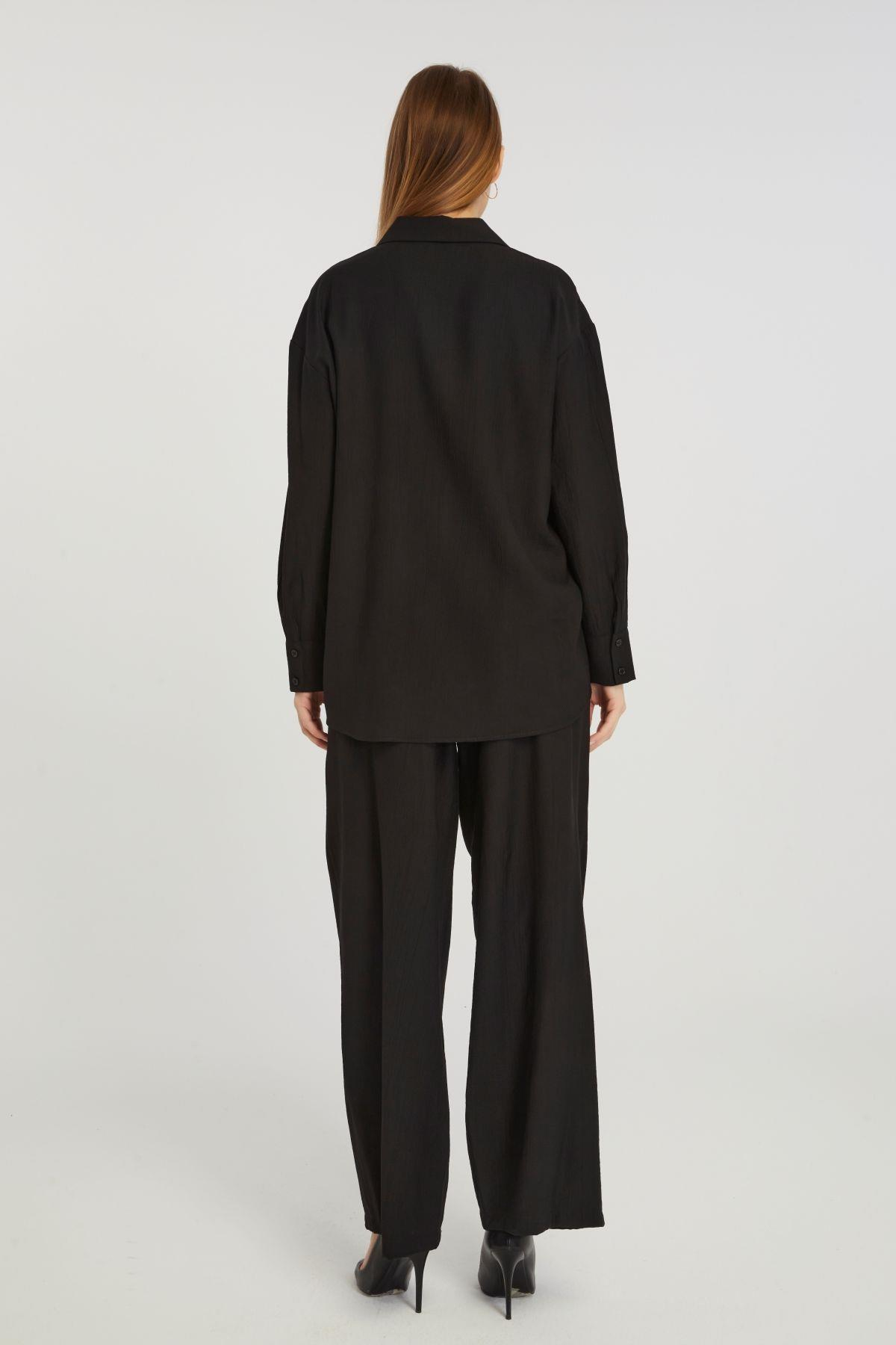 Kadın Siyah Casual Oversize/Geniş Kalıp Gömlek