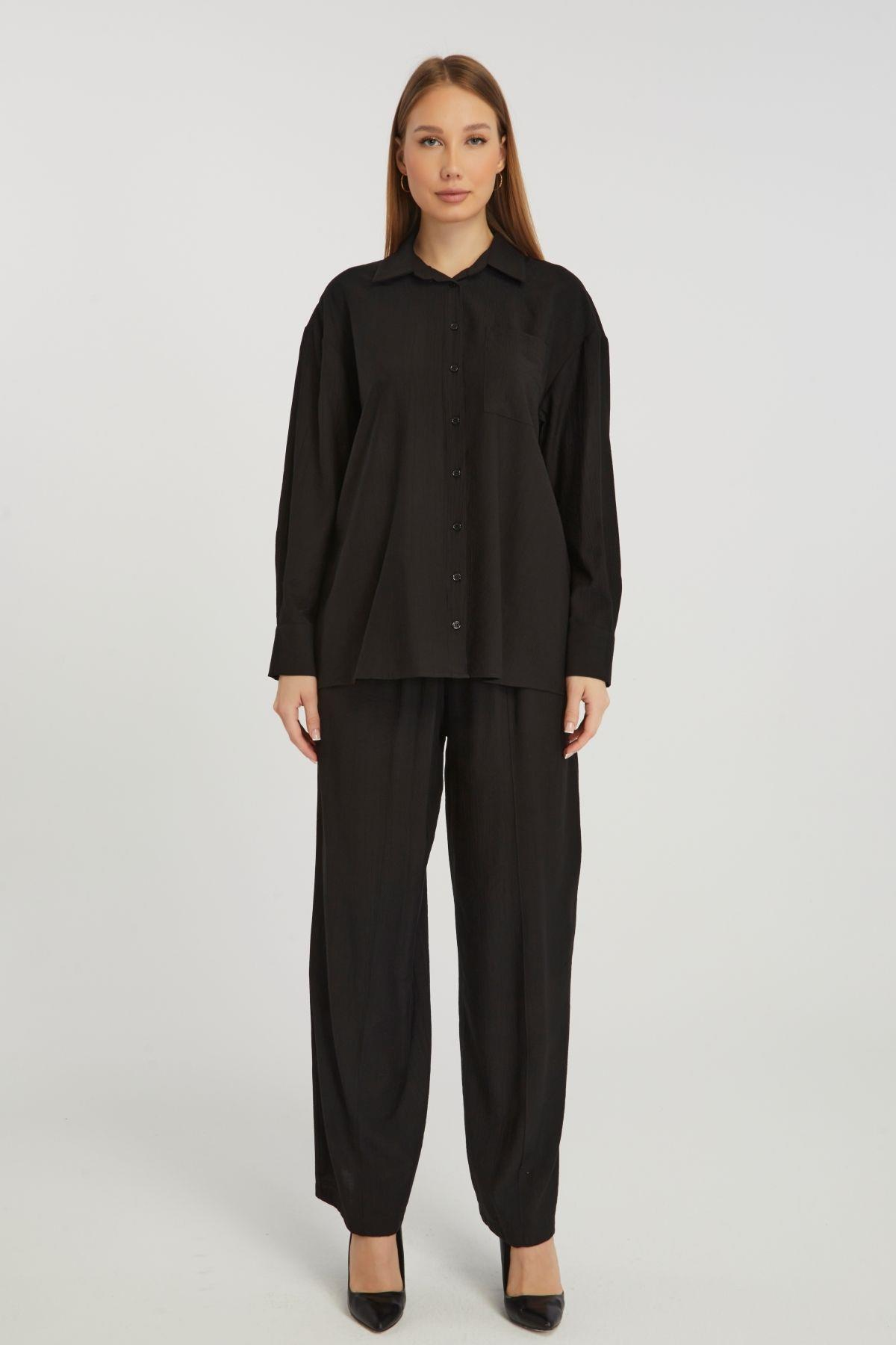 Kadın Siyah Casual Oversize/Geniş Kalıp Gömlek