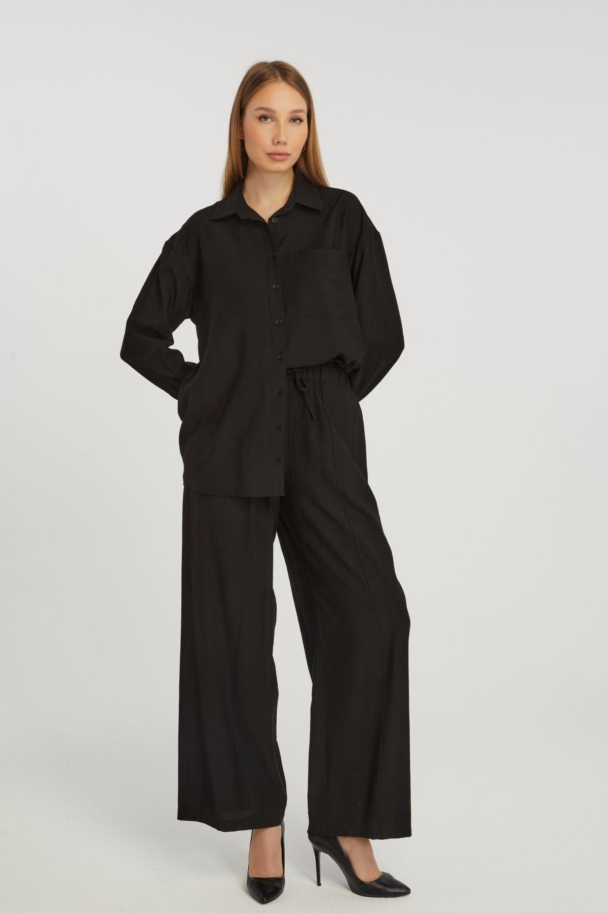 Kadın Siyah Casual Oversize/Geniş Kalıp Gömlek