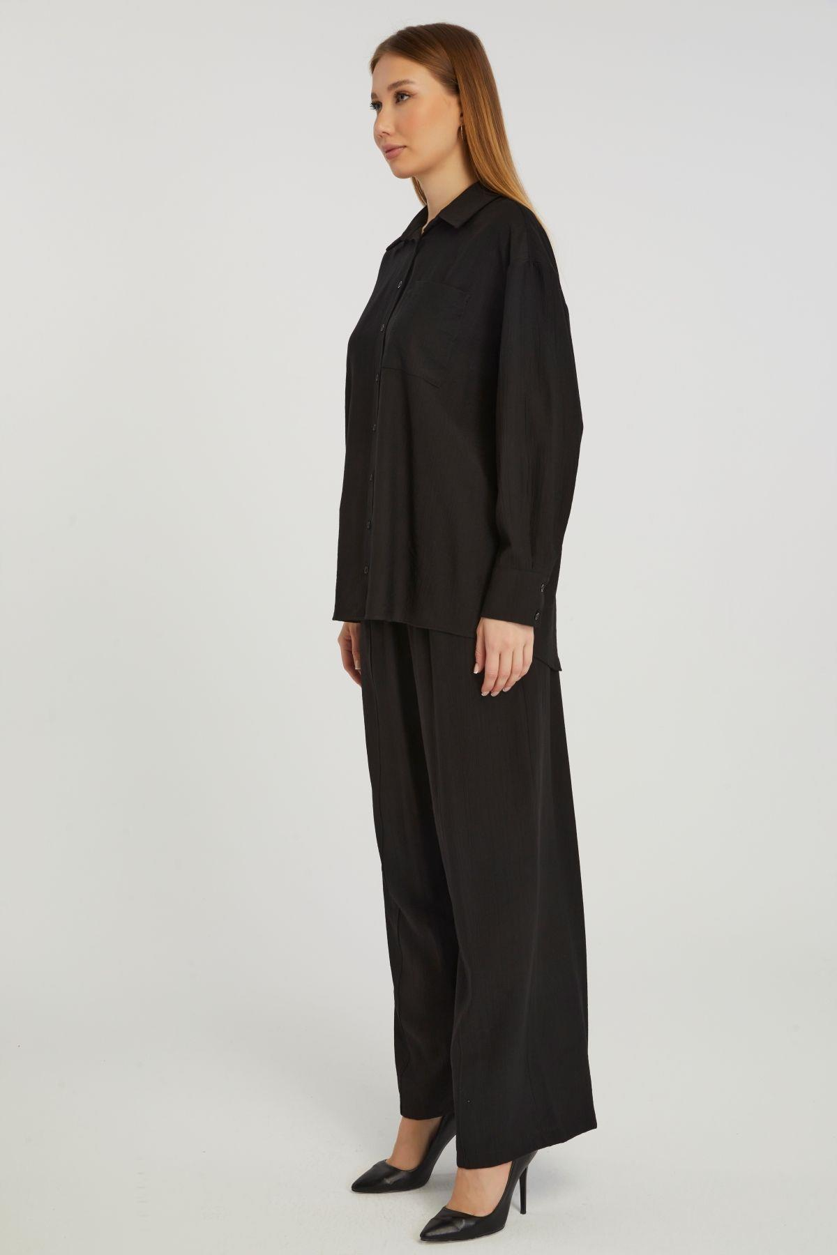 Kadın Siyah Casual Oversize/Geniş Kalıp Gömlek