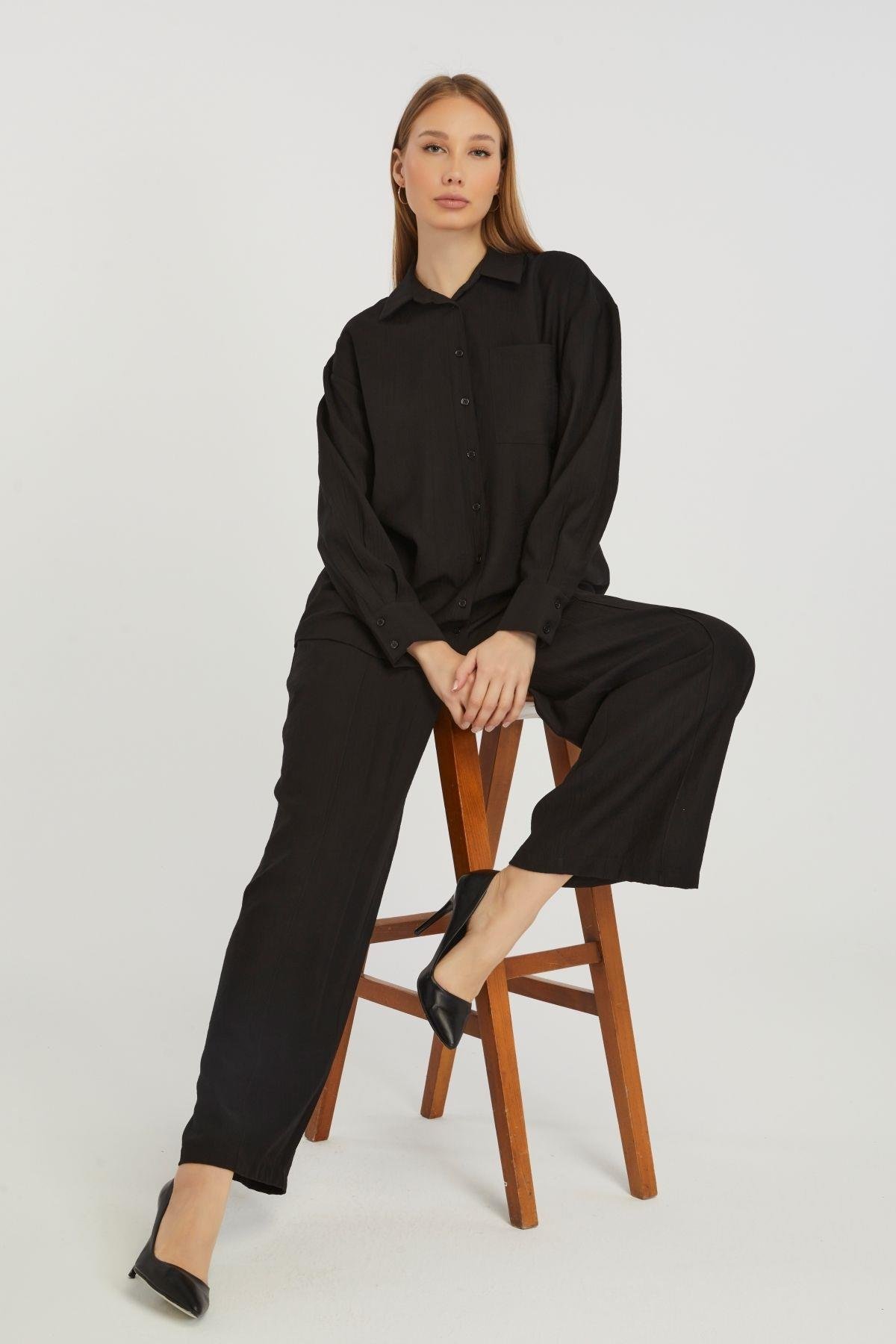 Kadın Siyah Casual Oversize/Geniş Kalıp Gömlek