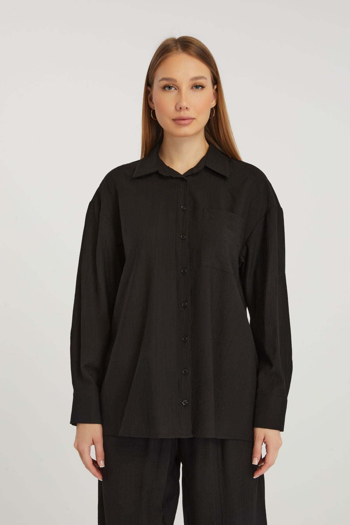 Kadın Siyah Casual Oversize/Geniş Kalıp Gömlek