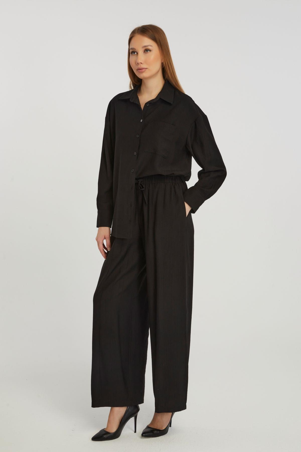 Kadın Siyah Casual Oversize/Geniş Kalıp Gömlek
