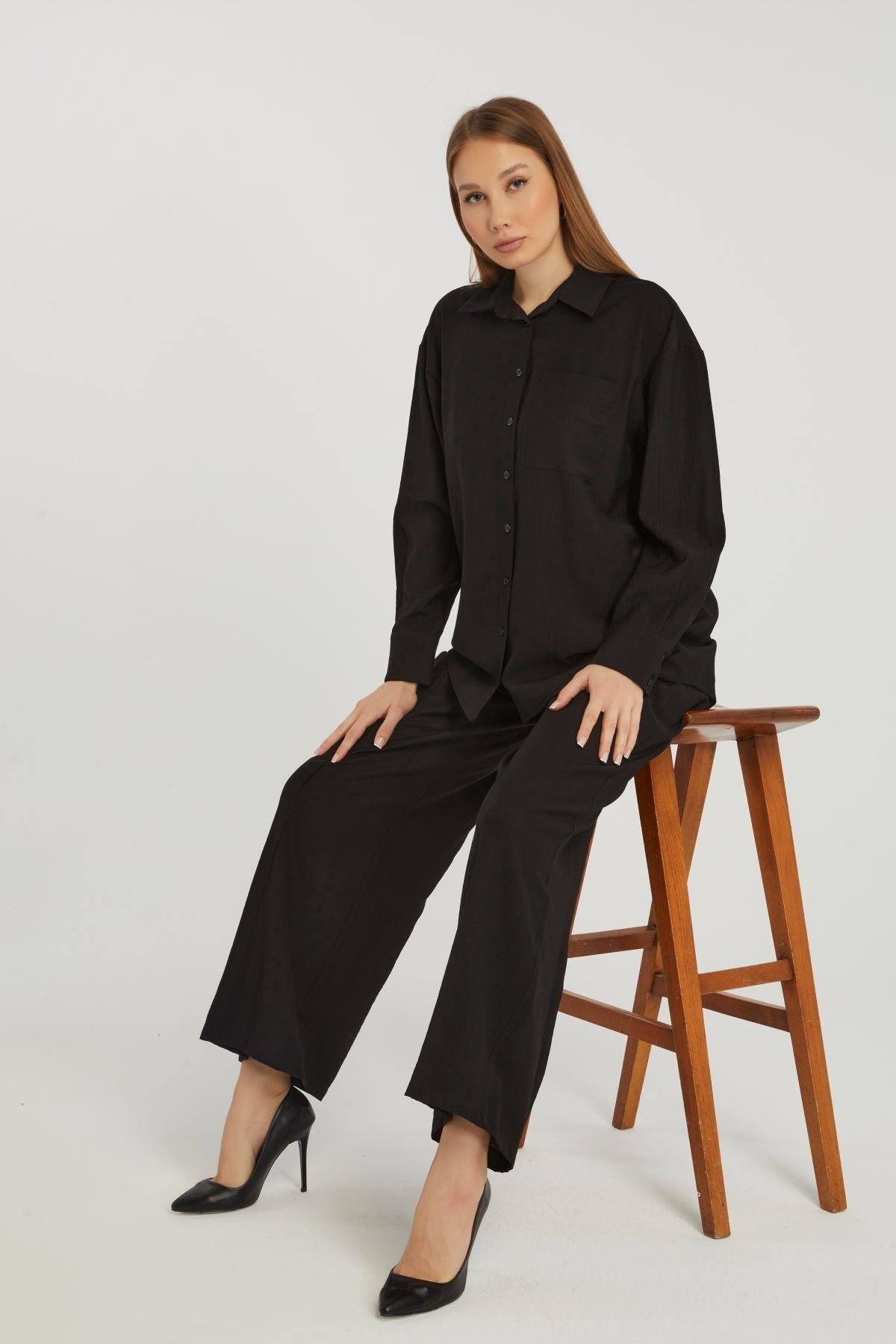 Kadın Siyah Casual Oversize/Geniş Kalıp Gömlek