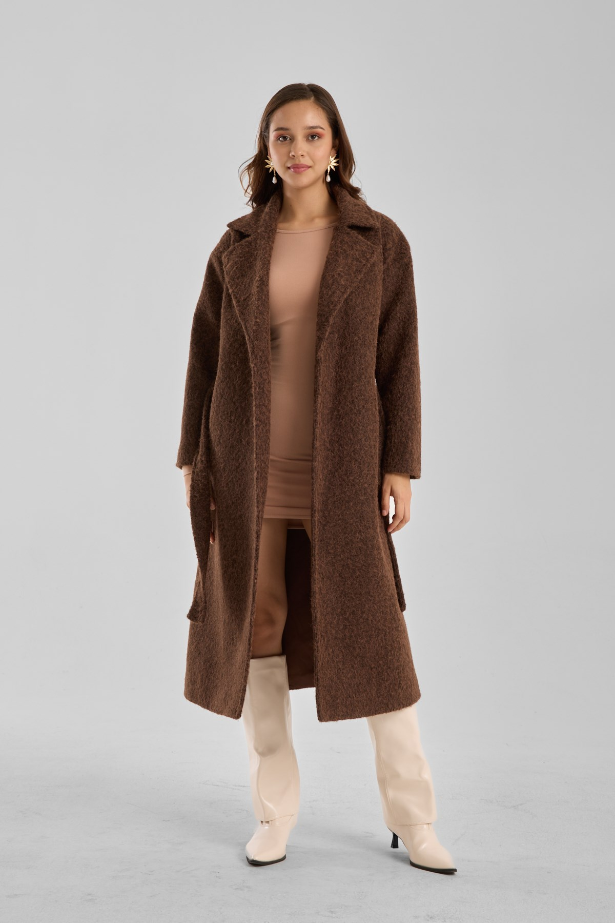 Kahverengi Buklet Kaşe Oversize Kaban