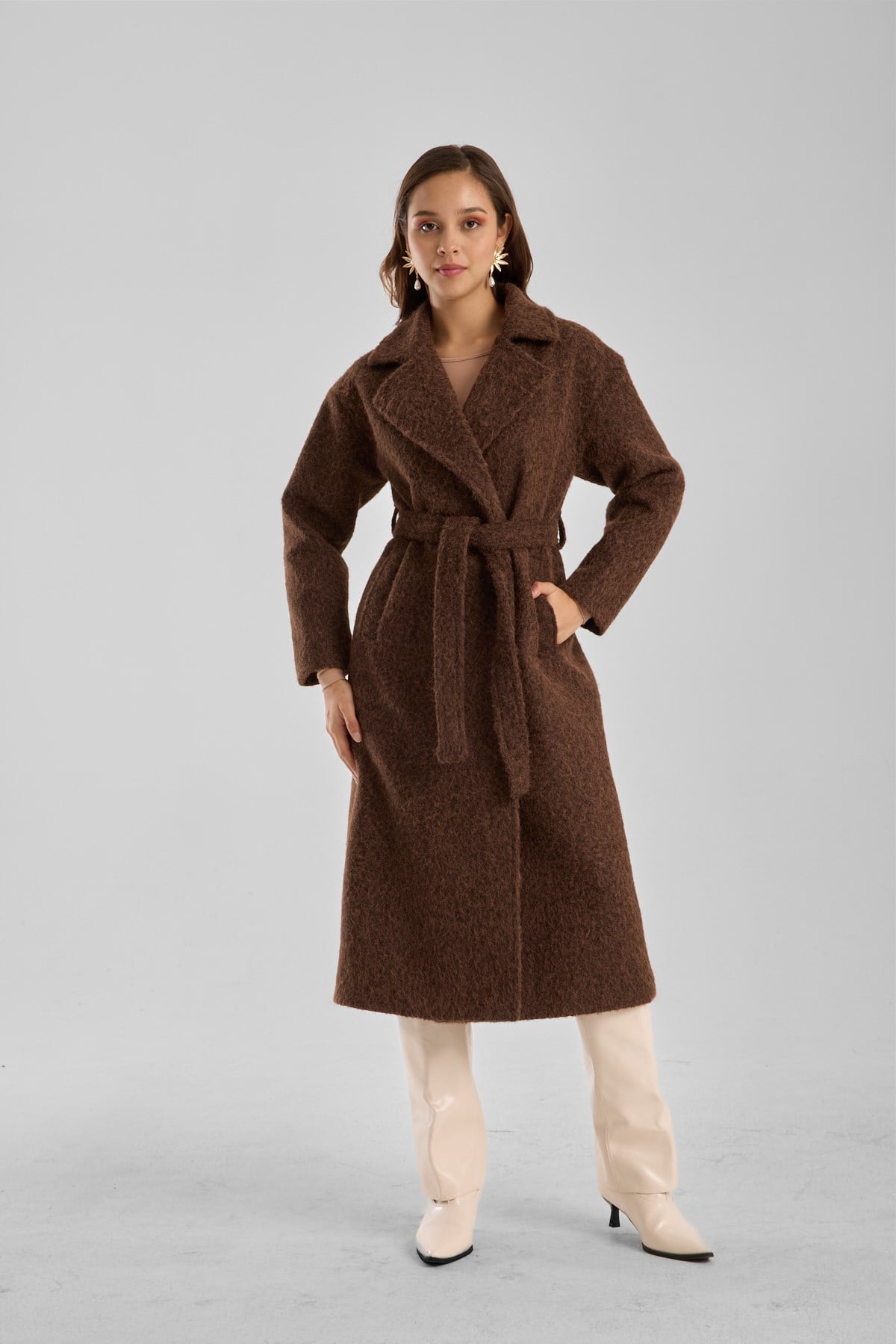 Kahverengi Buklet Kaşe Oversize Kaban