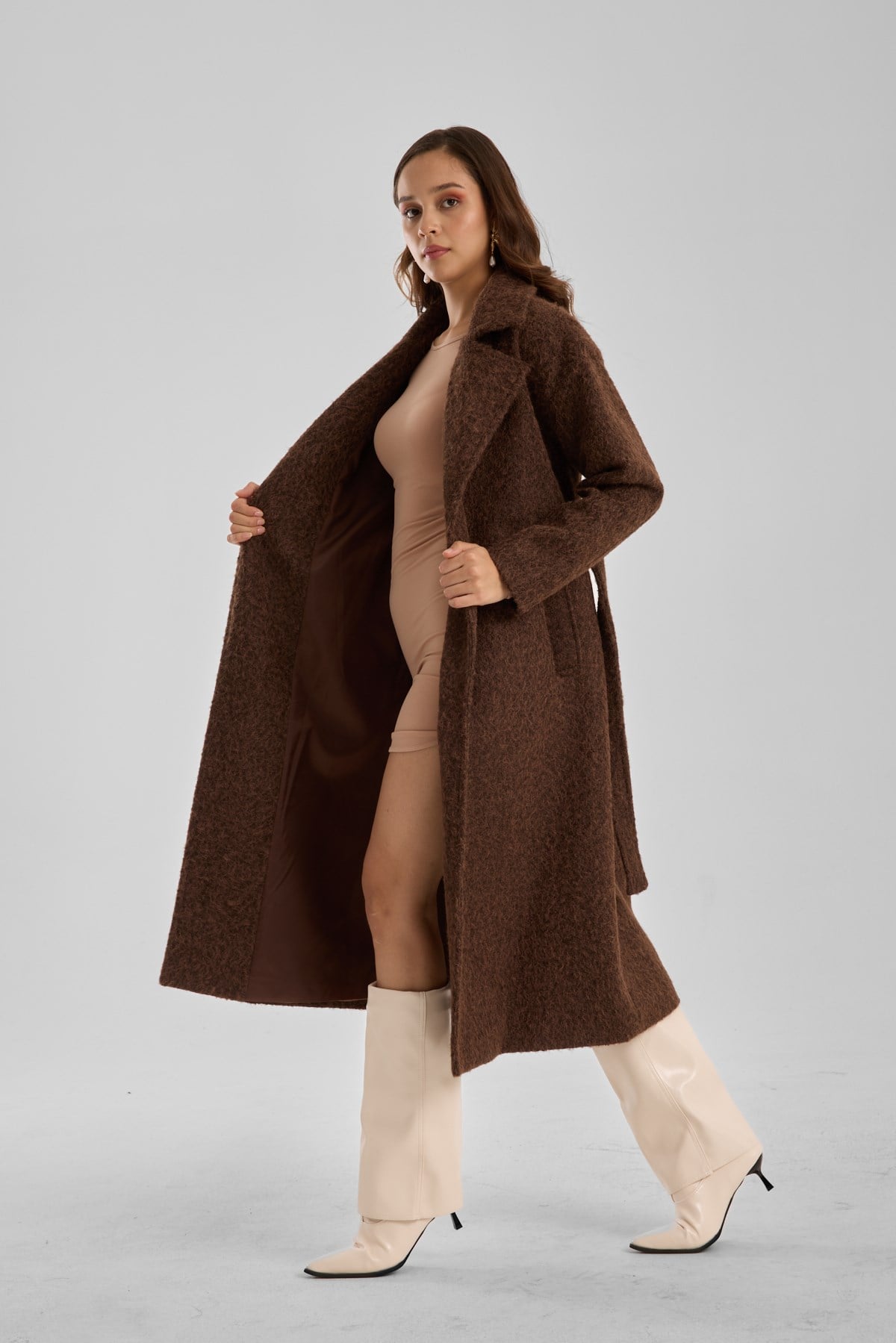 Kahverengi Buklet Kaşe Oversize Kaban