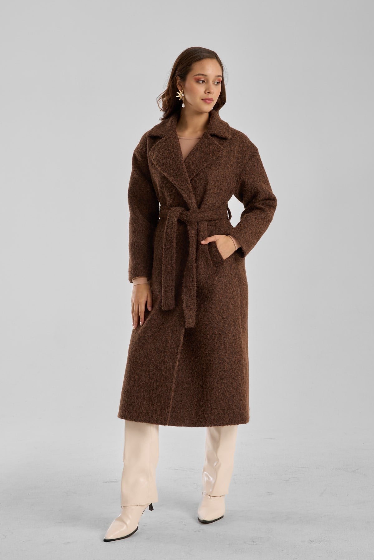 Kahverengi Buklet Kaşe Oversize Kaban